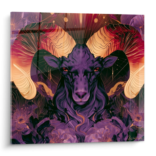 Bélier violet aux cornes dorées spiralées, regard fauve intense sur fond anthracite et bordeaux