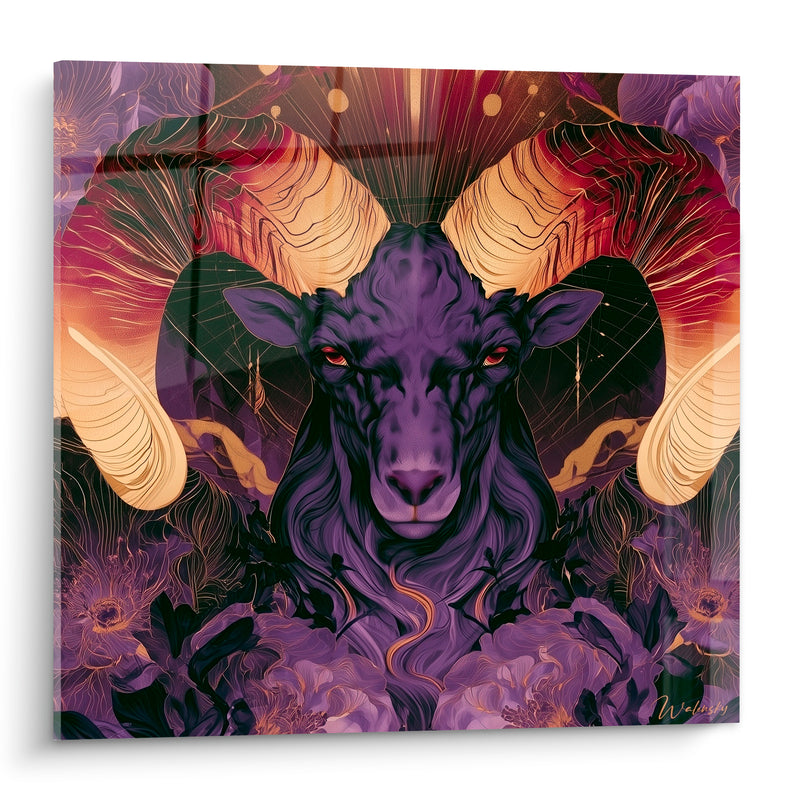 Tableau Bélier violet et doré cornes fleuries - Regard hypnotique - Edition Bélier