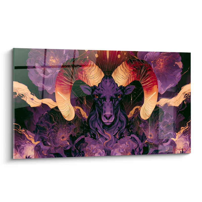 Tableau Bélier violet doré cornes fleuries - Gardien mystique - Edition Bélier