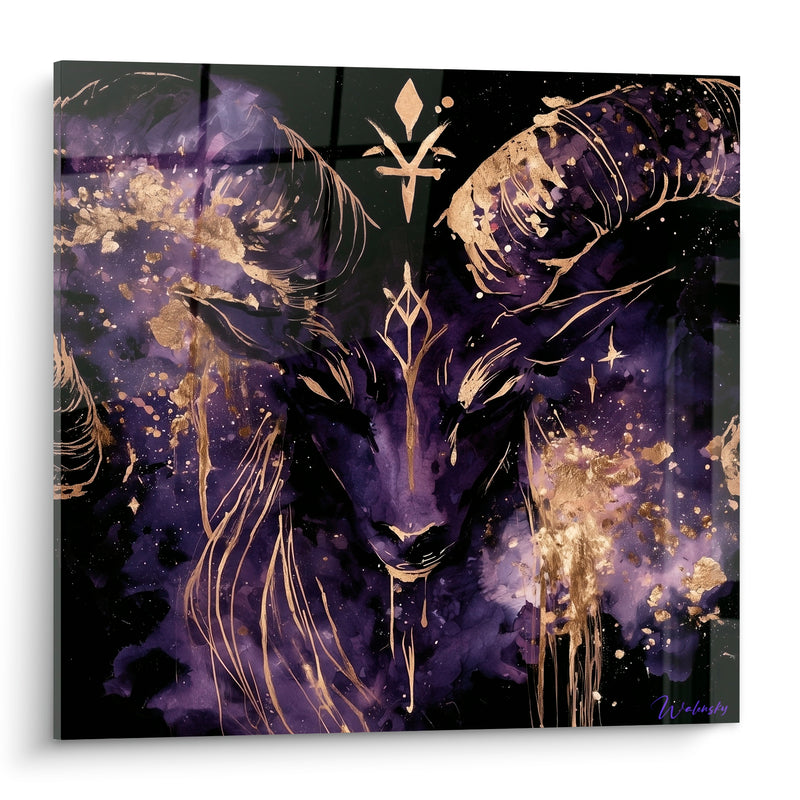 Tableau Bélier violet profond et or symbole frontal - Losange sacré - Edition Bélier