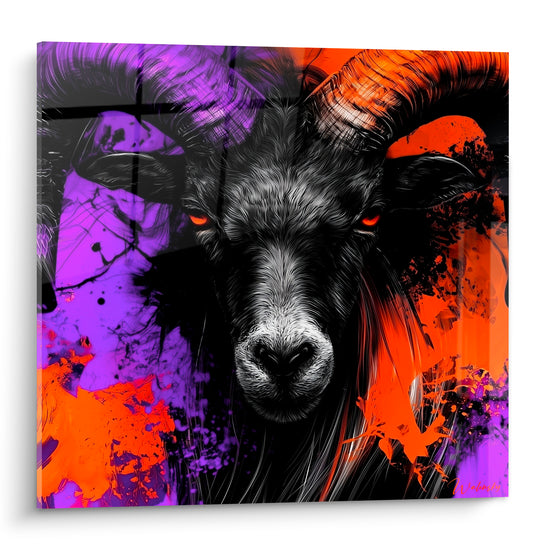 Bélier au regard orange perçant, cornes striées, fond éclaté violet et orange sur toile graphique