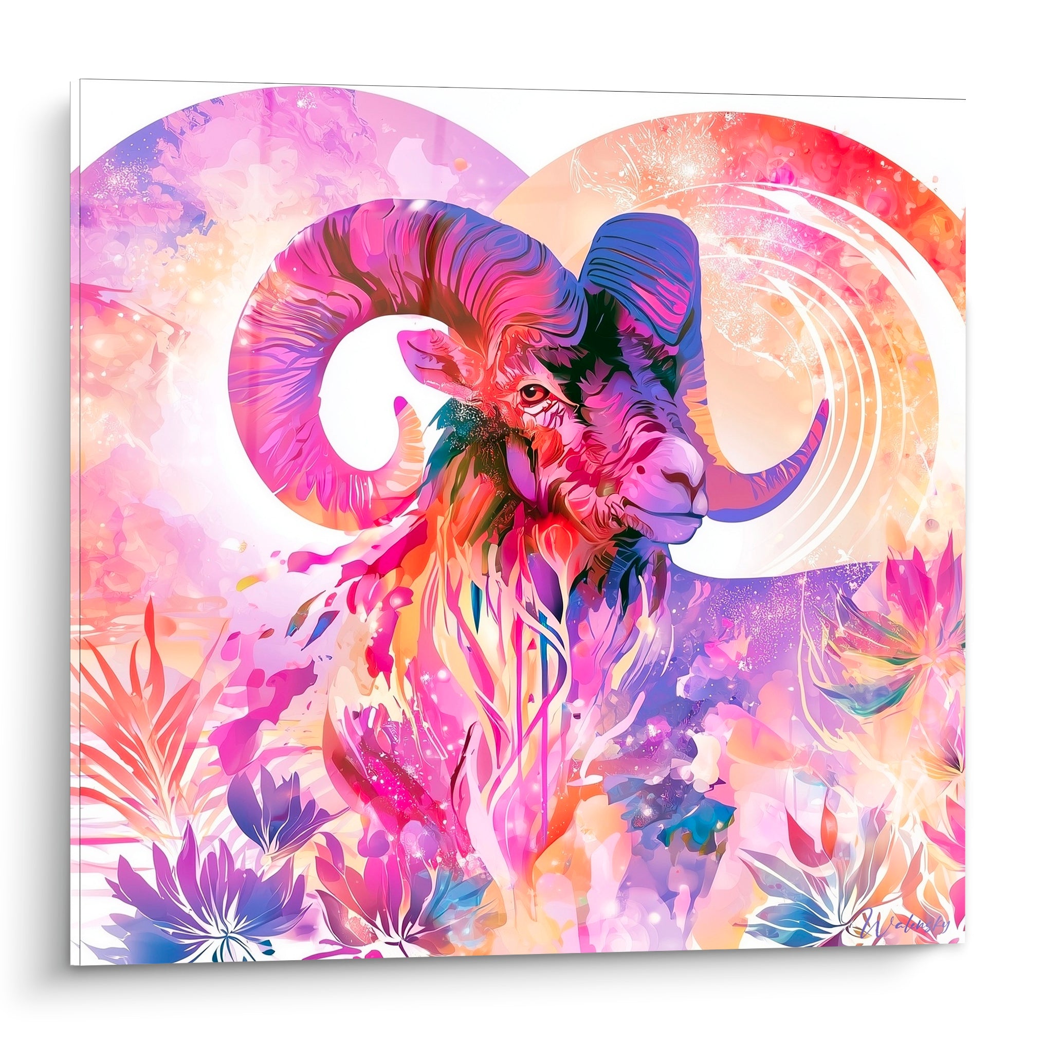 Bélier violet et rose aux cornes en spirale, entouré de fleurs bleu pastel et corail scintillant