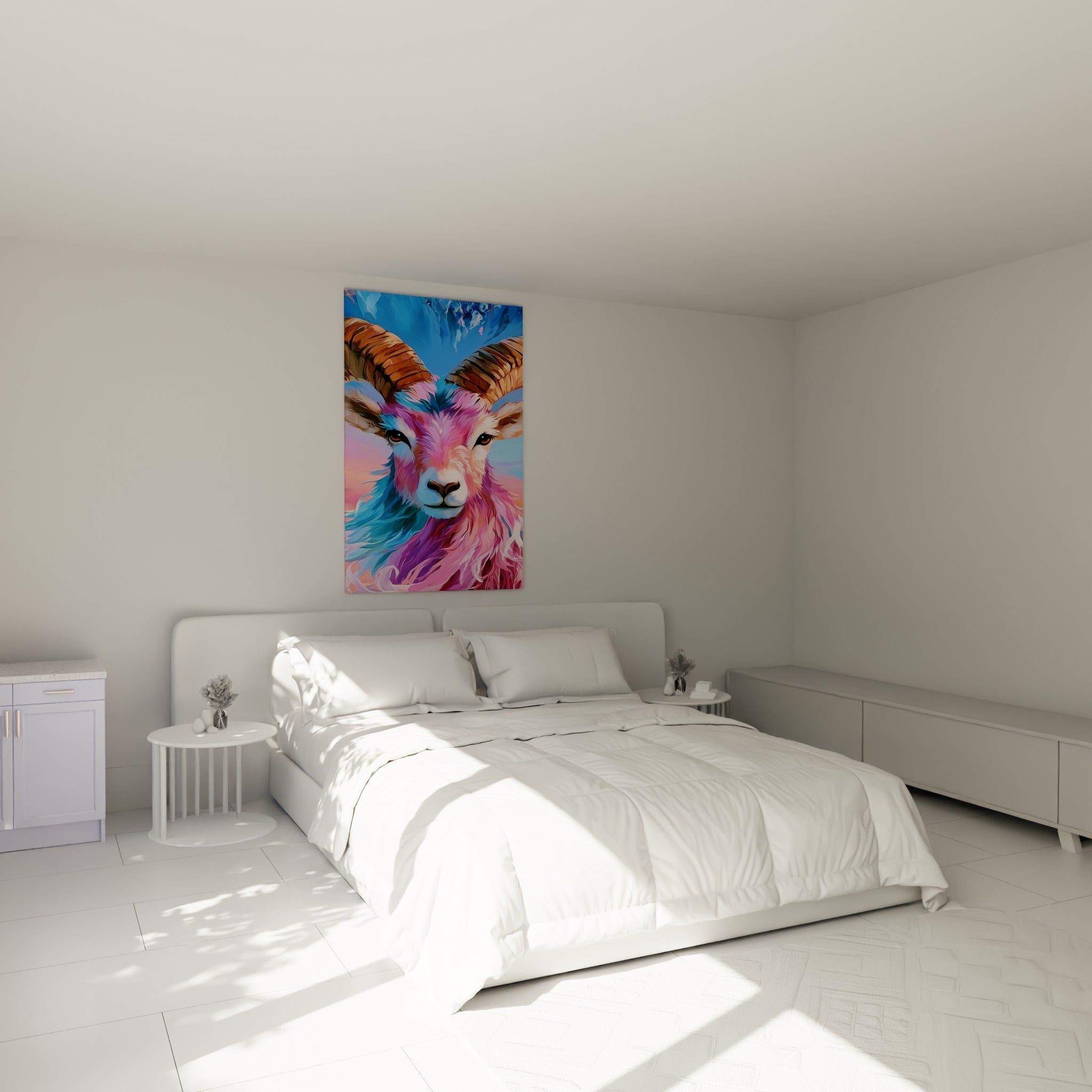 Cornes dorées et pelage rose violacé du Bélier accrochés au-dessus d'un lit dans une chambre claire