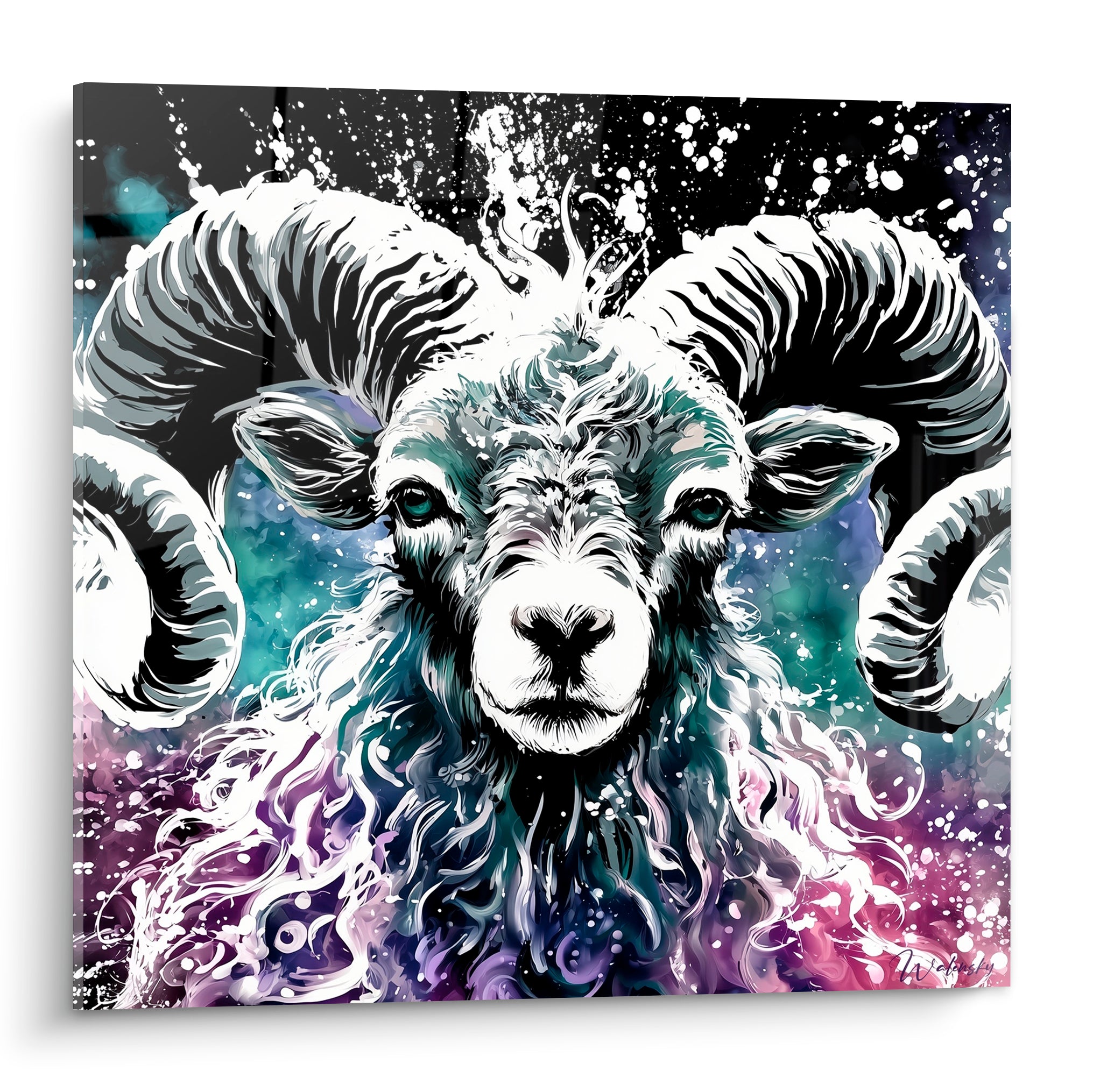 Bélier aux cornes noires et blanches, fond violet et turquoise éclaboussé de blanc