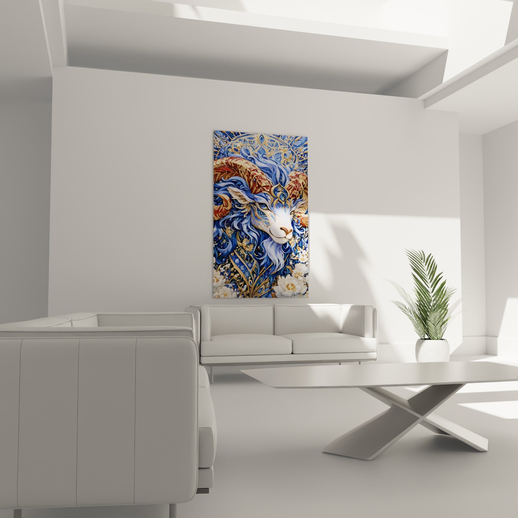 Visage doré du bélier entouré de bleu marine et de fleurs blanches au-dessus d'un canapé dans un salon lumineux