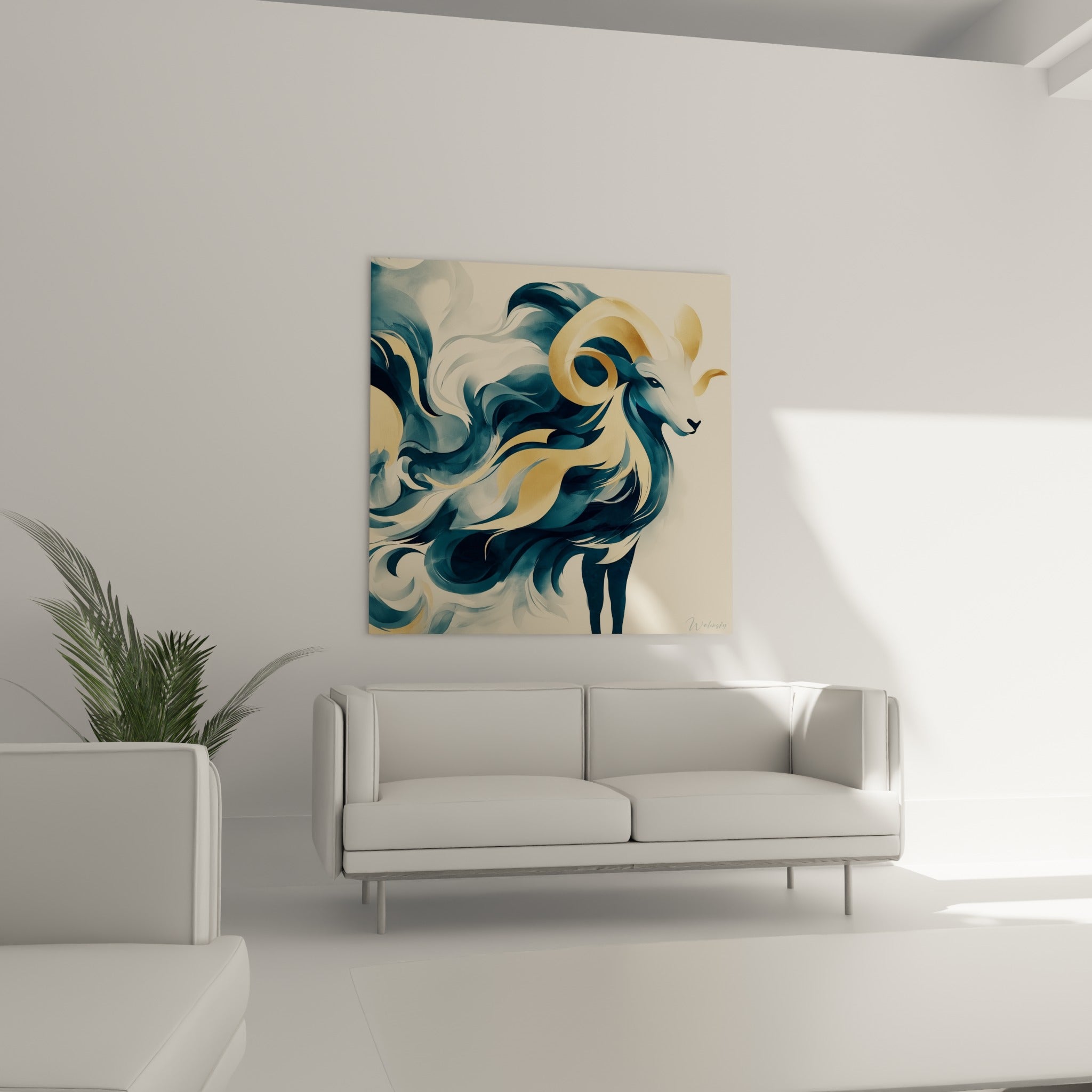 Silhouette du Bélier aux volutes ocre et bleu marine au-dessus d'un canapé dans un salon lumineux