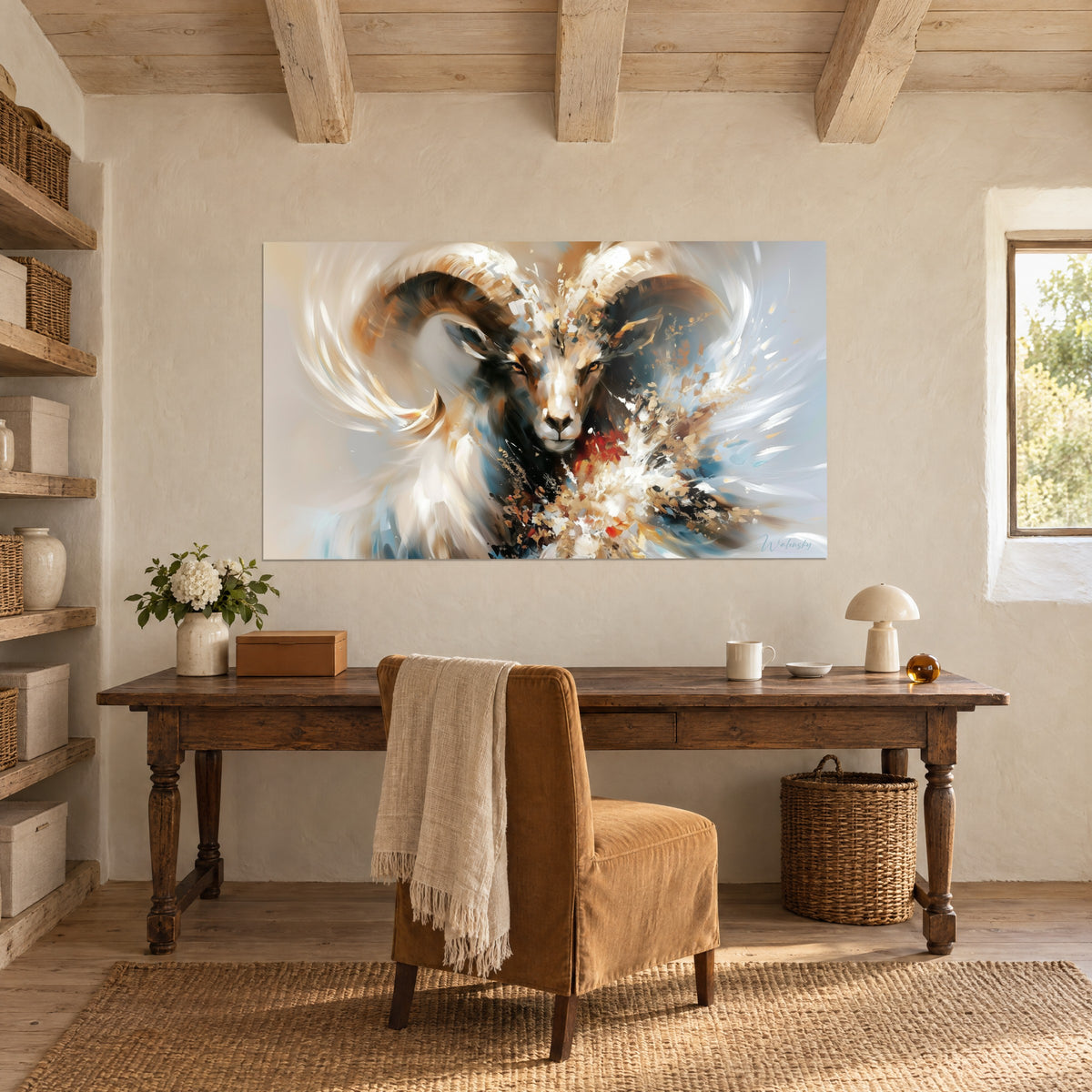 Wall art ram portrait with amber eyes, ivory and steel blue swirls, raw wood desk beneath exposed beams