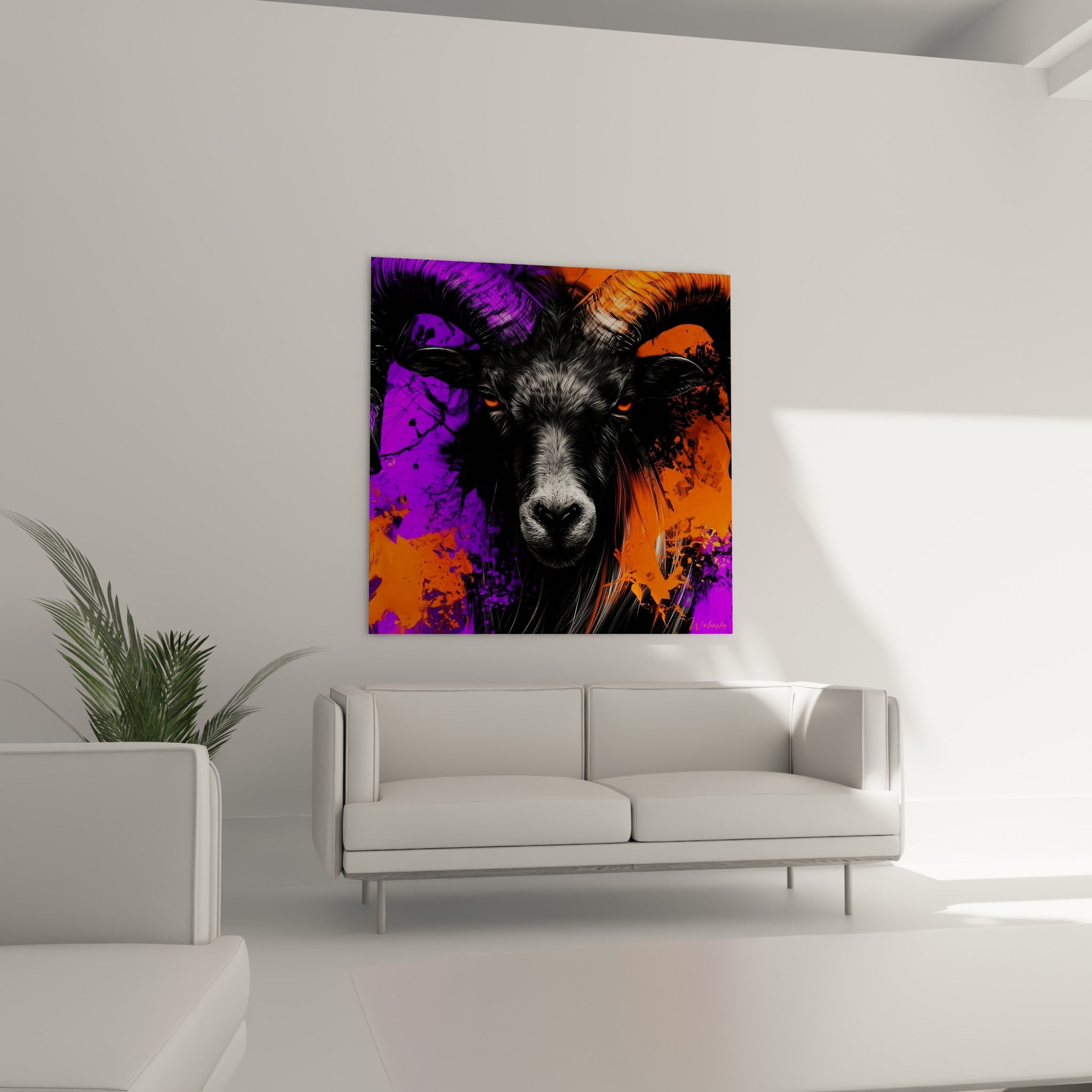 Yeux orange intenses du Bélier sur fond violet accrochés au-dessus d'un canapé dans un salon lumineux