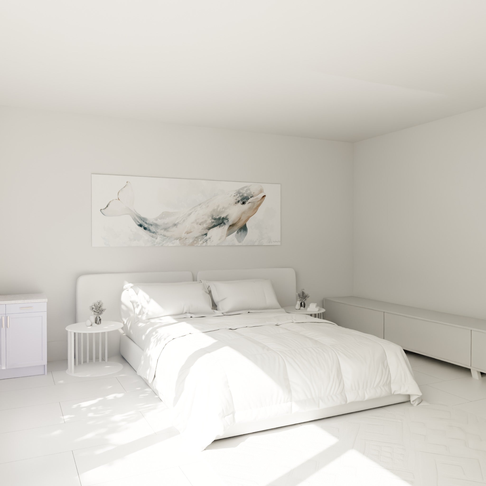 Silhouette de beluga anthracite et beige glissant dans l'eau, au-dessus d'un lit dans une chambre claire