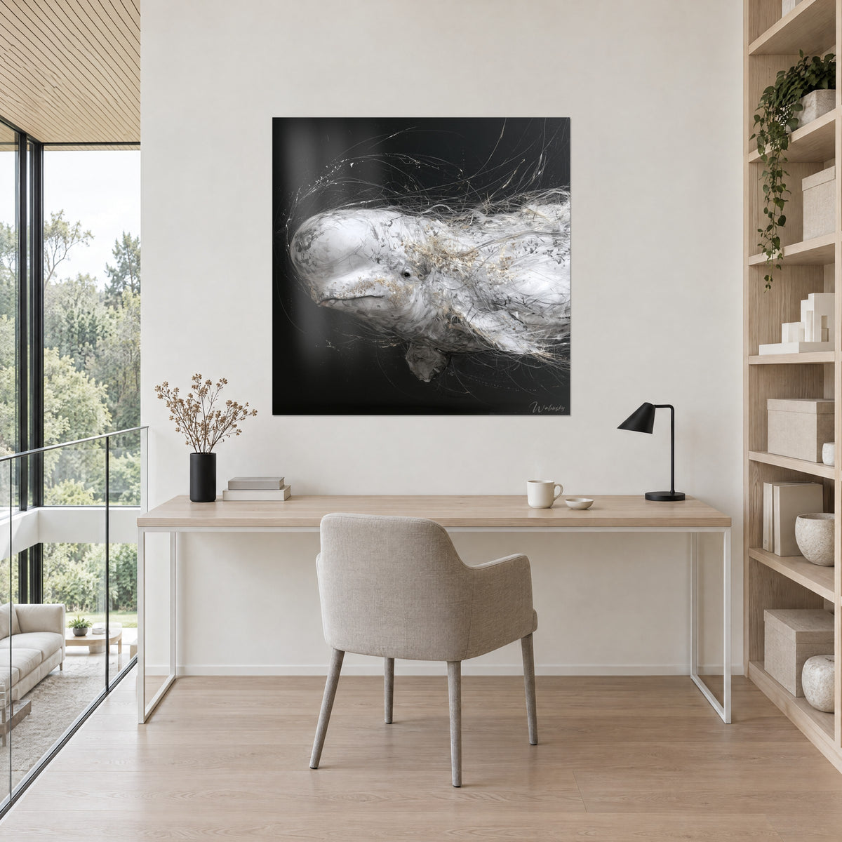 Schilderij grote gebroken witte walvisachtige met champagnekleurige toetsen, antracietkleurige achtergrond, opgehangen boven een bureau van licht hout