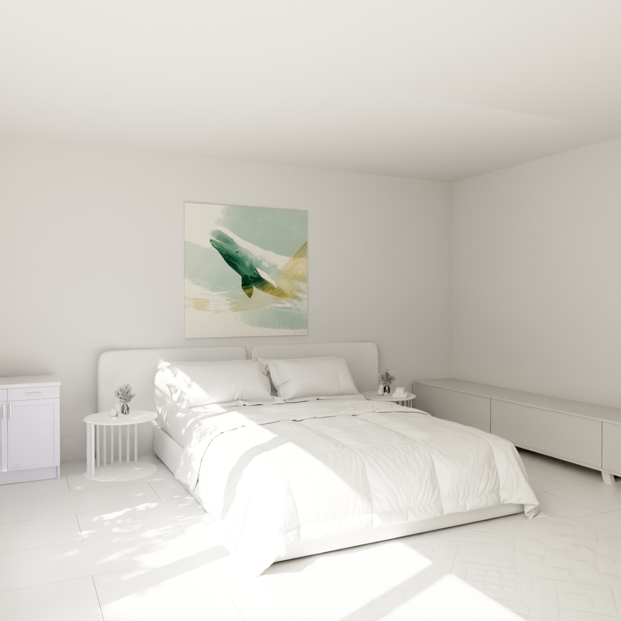 Silhouette de beluga vert sauge et doré accrochée au-dessus d'un lit dans une chambre claire