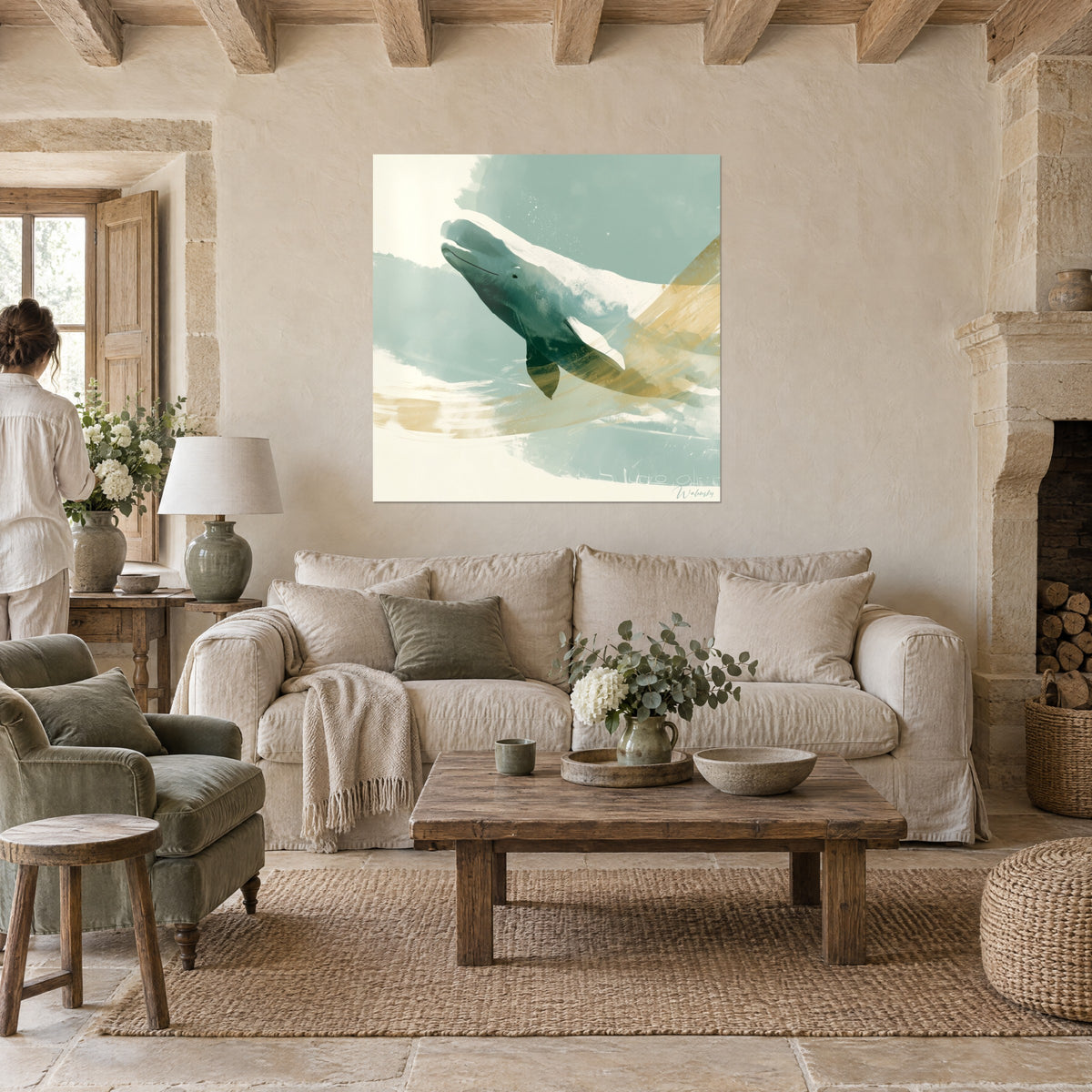 Tableau béluga blanc remontant vers la surface, vert sauge et doré, au-dessus d'un canapé dans un salon lumineux