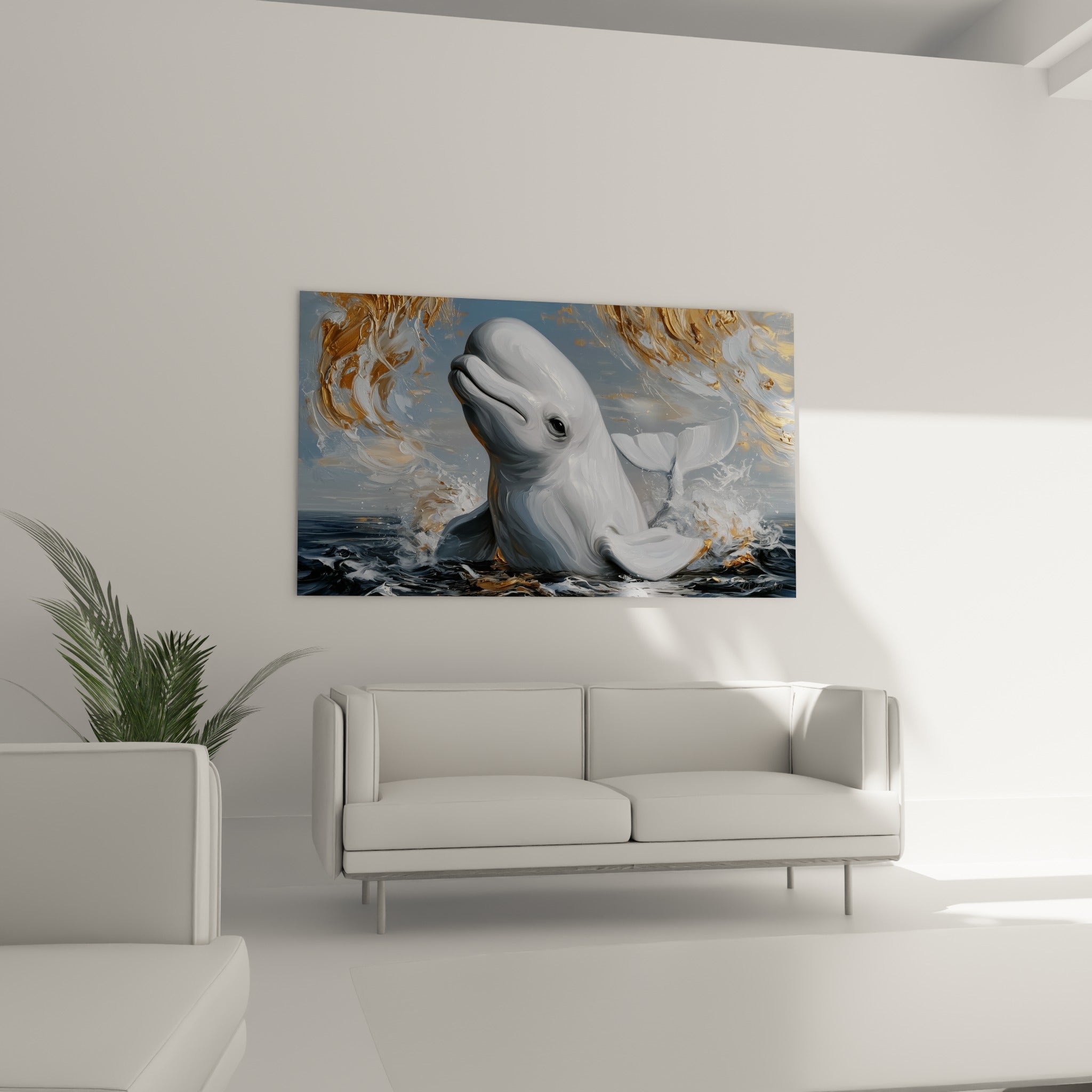 Créature marine blanche cabrée dans l'écume dorée, au-dessus d'un canapé dans un salon lumineux