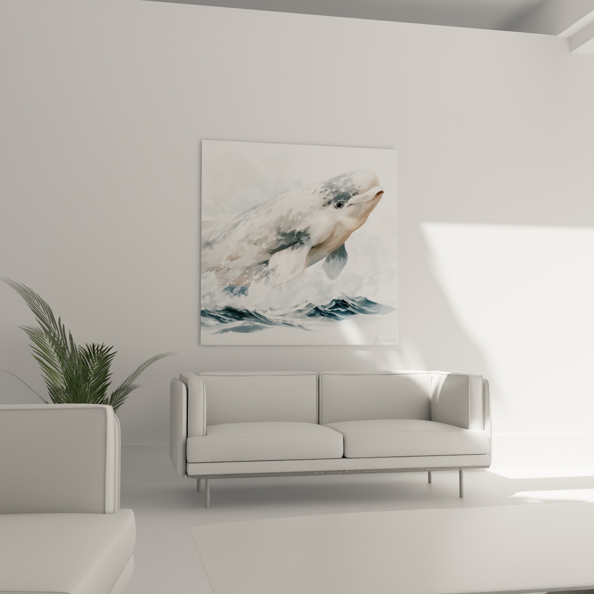 Beluga au corps blanc et bleu marine surgissant des flots, au-dessus d'un canapé dans un salon lumineux