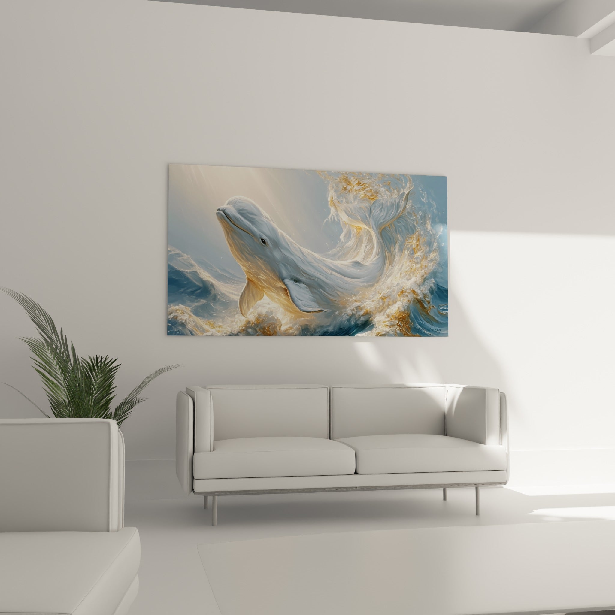 Vague dorée et bleu profond entourant un beluga lumineux, au-dessus d'un canapé dans un salon lumineux
