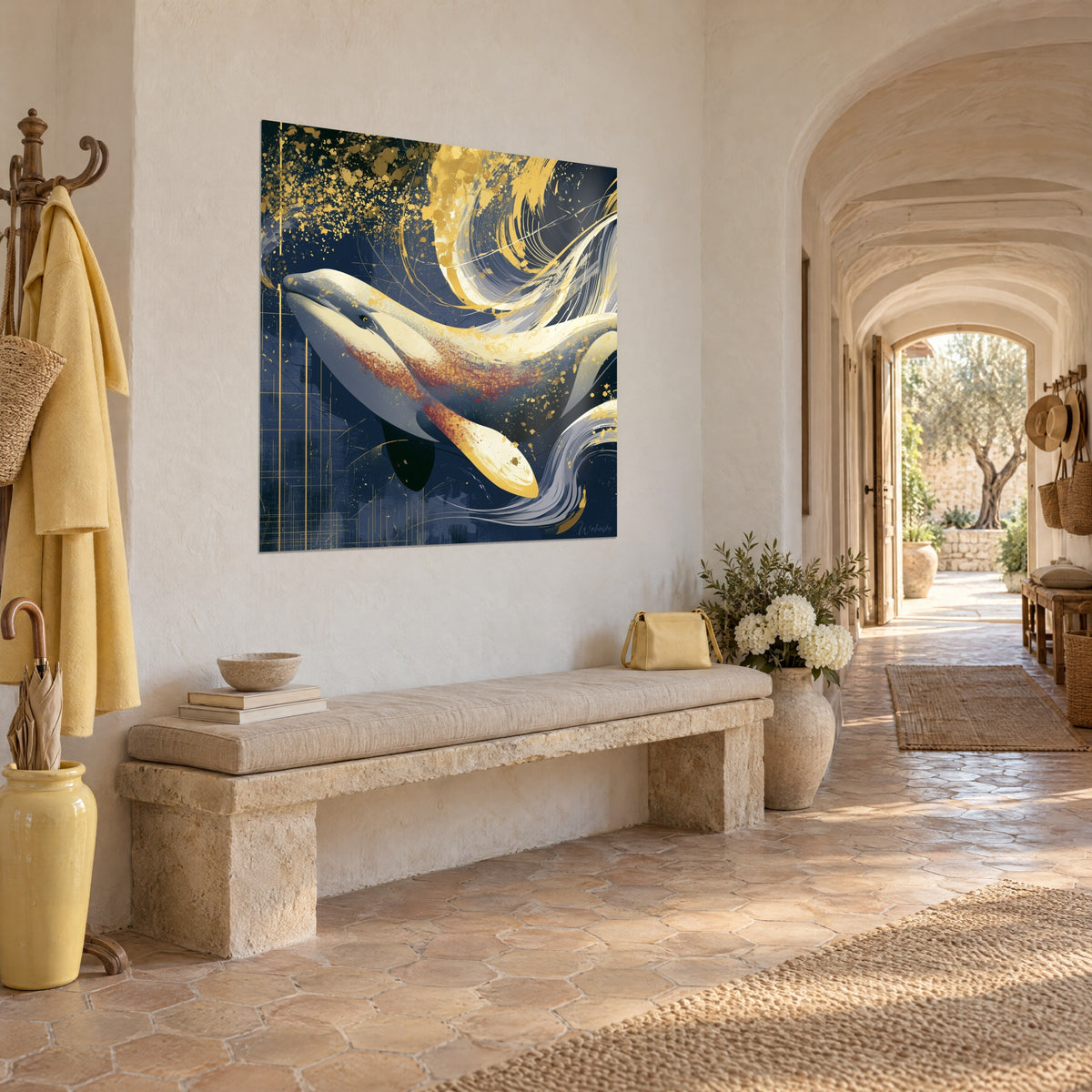 Tableau baleine blanche aux traînées dorées et jaune pâle sur fond marine, près d'un banc de pierre dans une galerie de mas