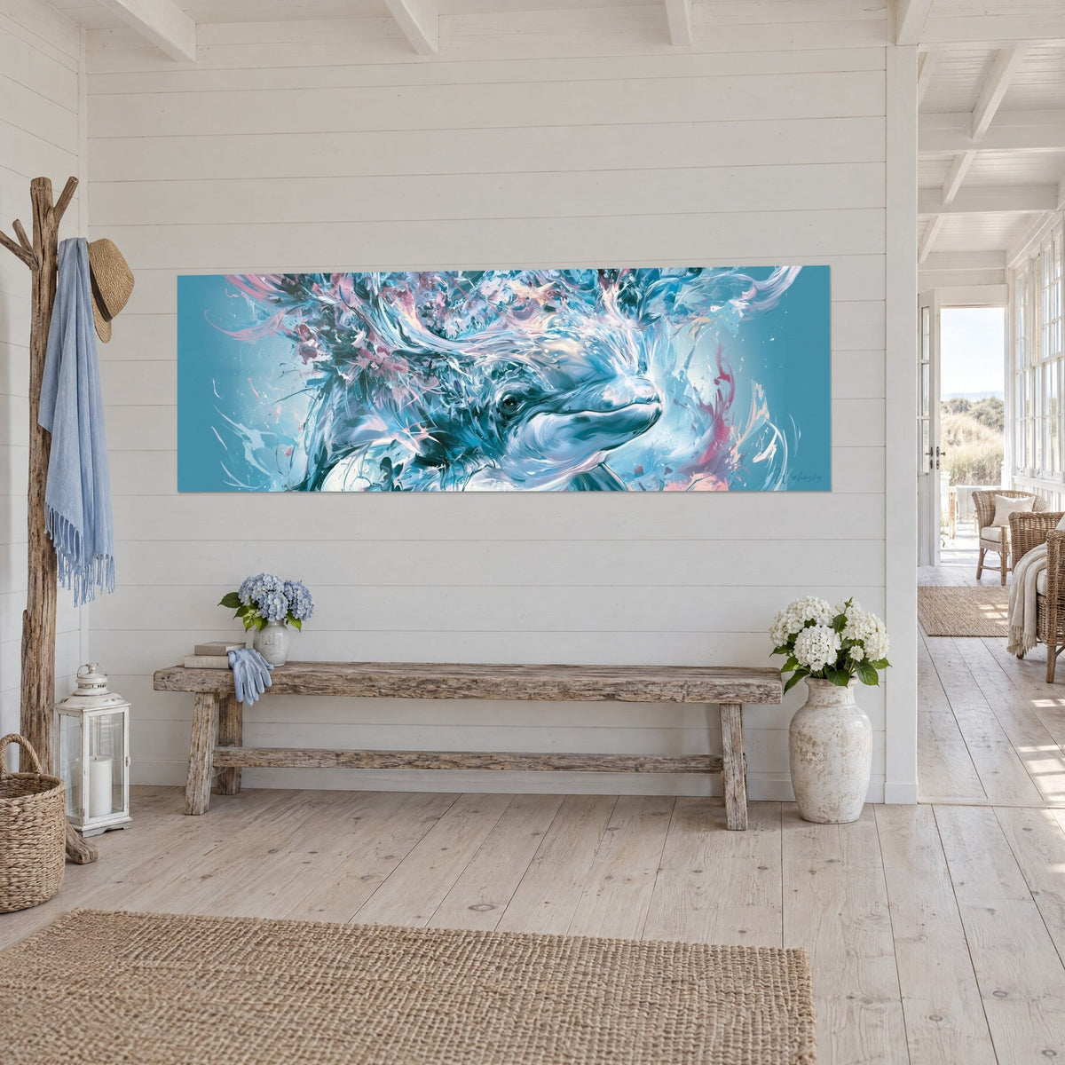 Tableau cétacé blanc surgissant d'une gerbe d'écume turquoise et rose pâle, accroché au-dessus d'un banc en bois brut
