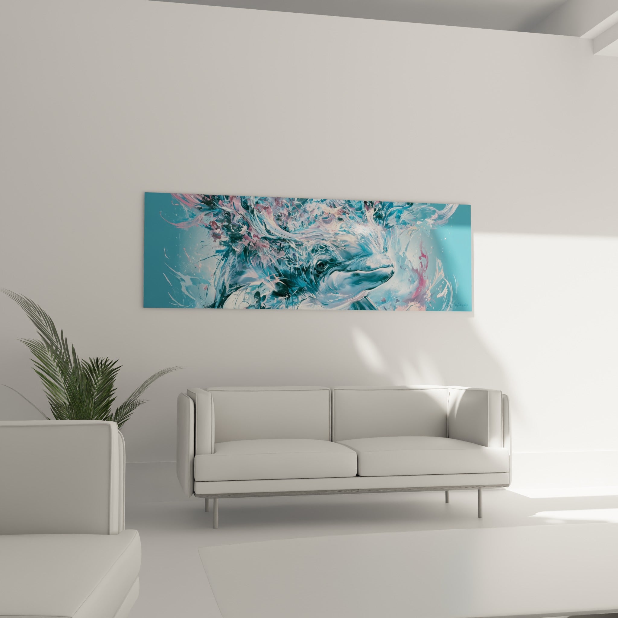 Cétacé blanc et bleu poudré émergeant de matière picturale rose, au-dessus d'un canapé dans un salon lumineux