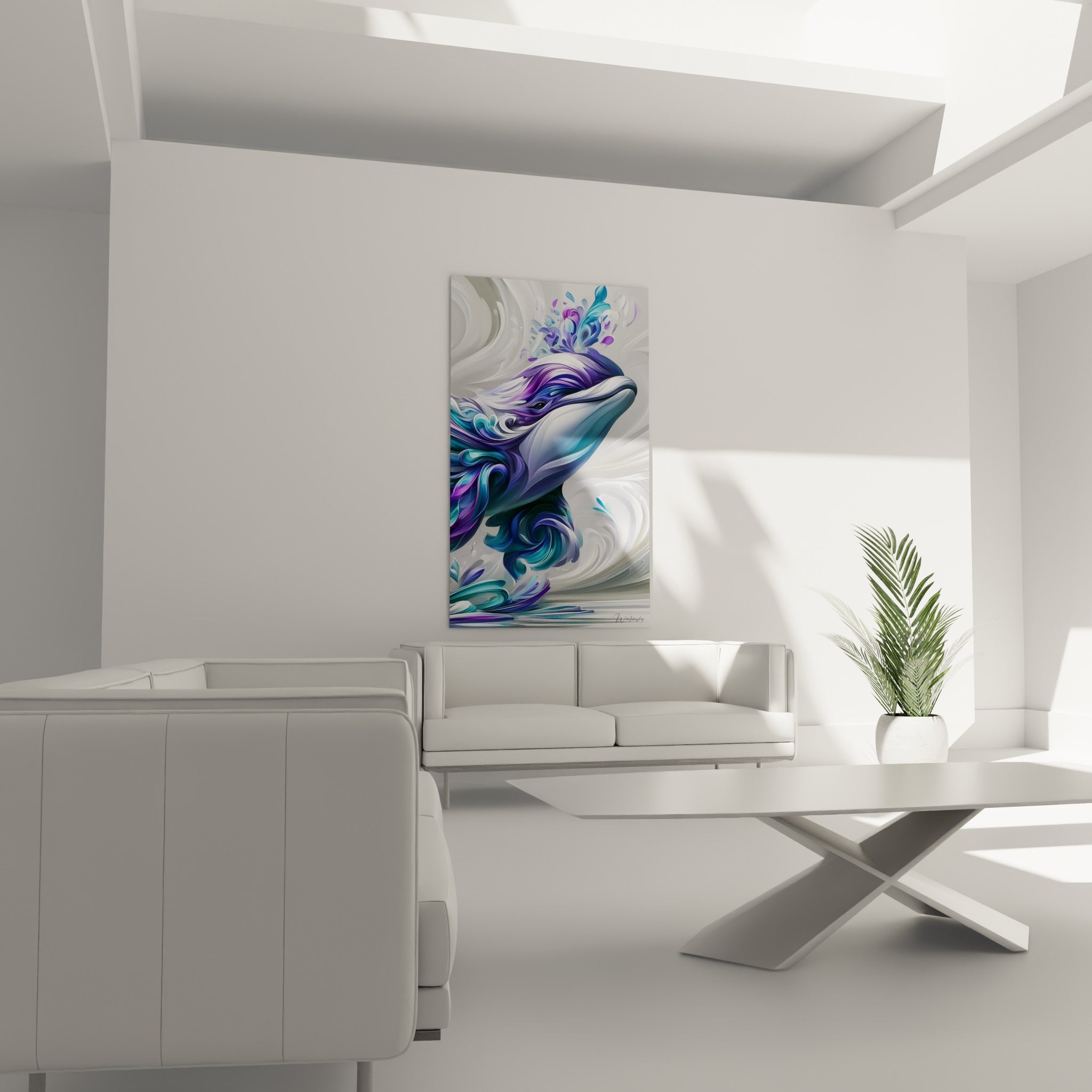 Beluga graphique aux teintes anthracite et nacrées surplombant un canapé dans un salon lumineux