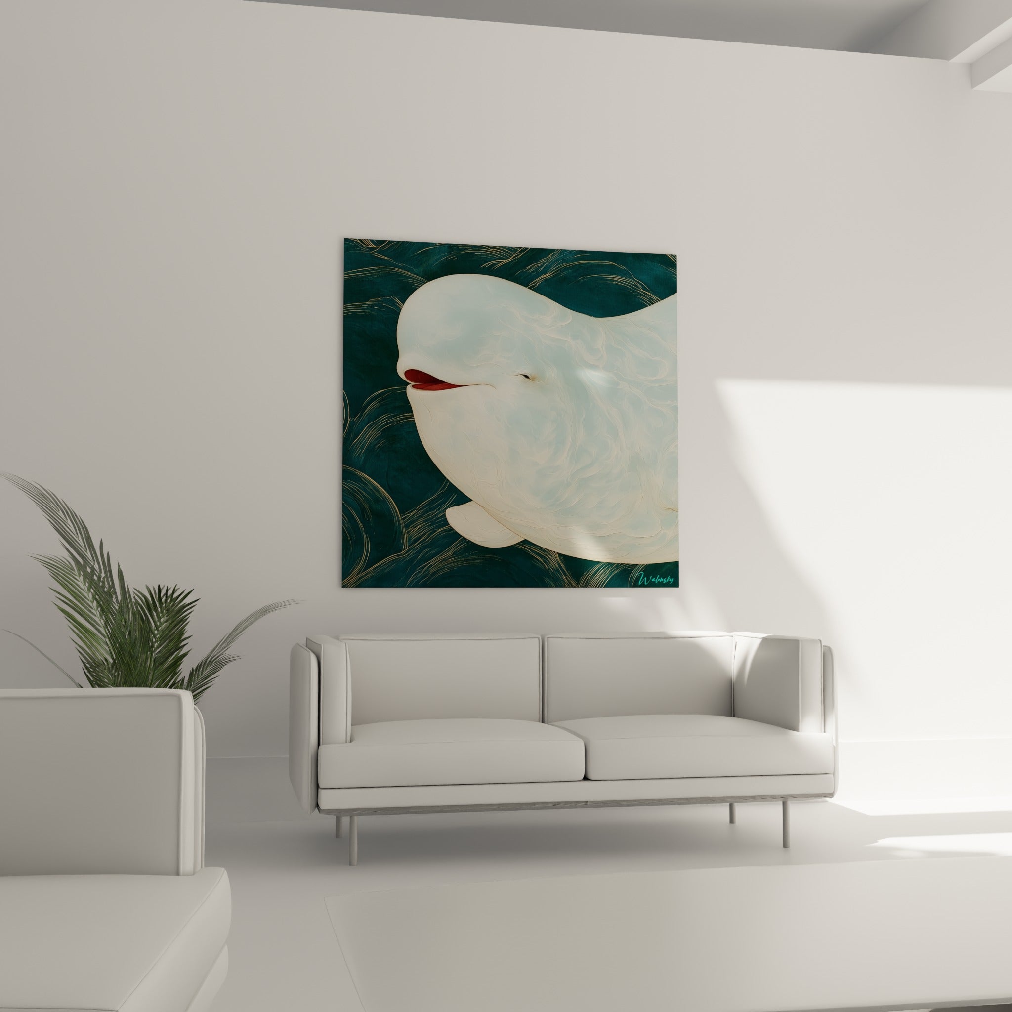 Regard doux du beluga blanc cassé sur fond anthracite doré, au-dessus d'un canapé dans un salon lumineux