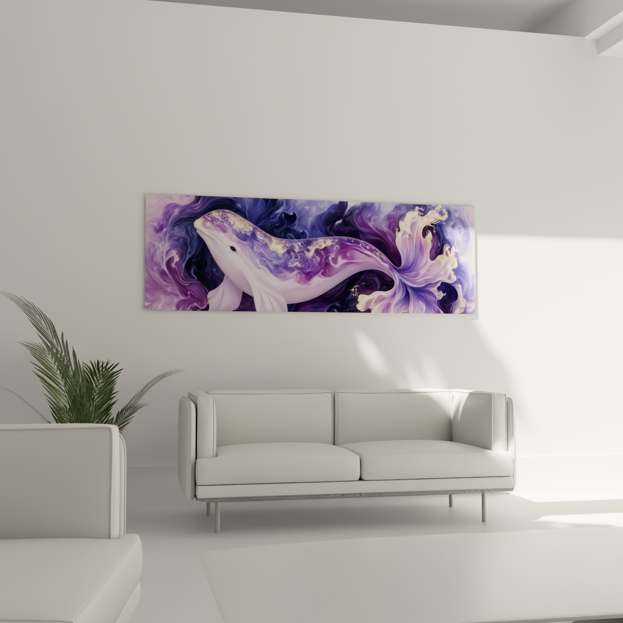Silhouette blanche du beluga entourée de tourbillons bleu marine, au-dessus d'un canapé dans un salon lumineux