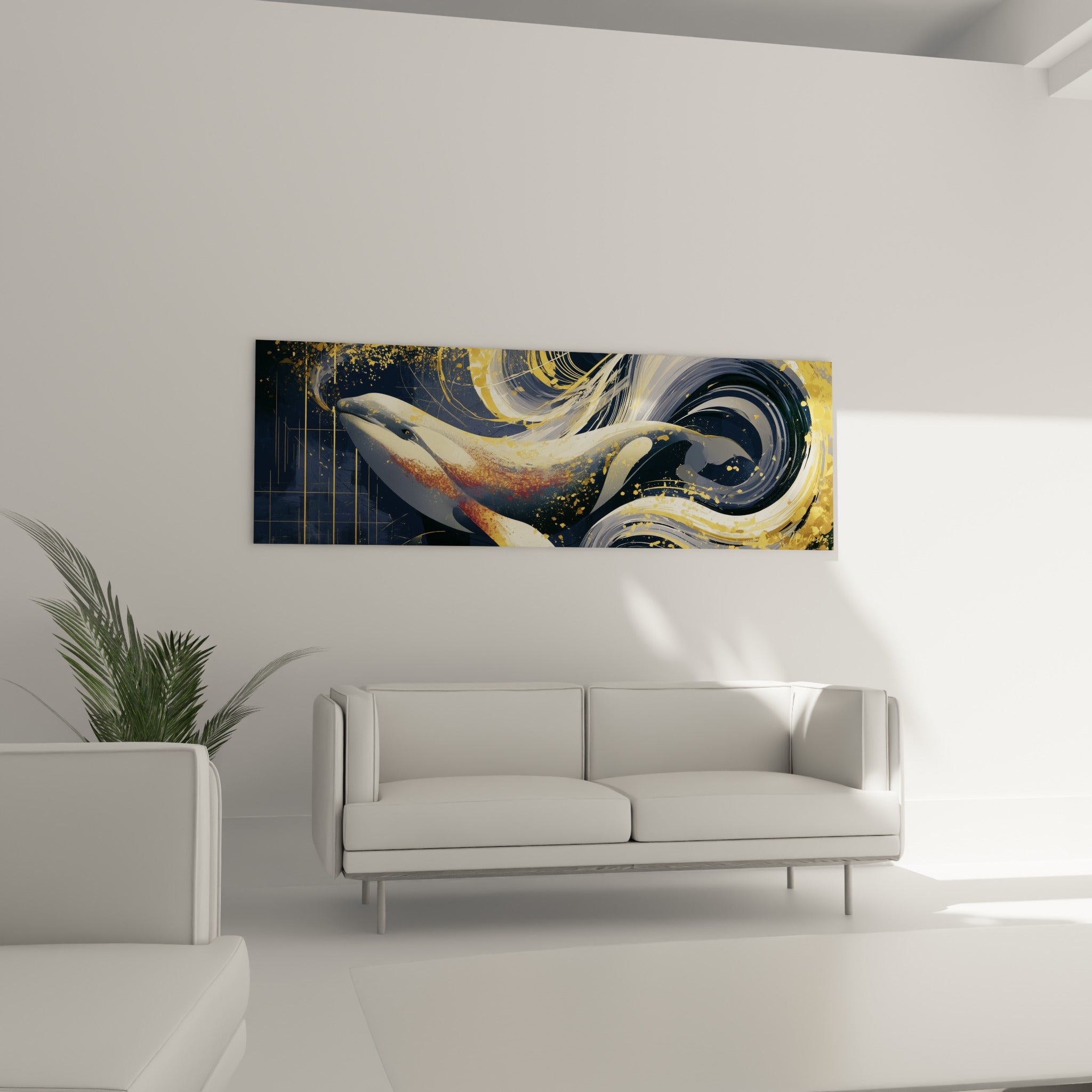 Silhouette de beluga anthracite et or dans des vagues stylisées, au-dessus d'un canapé dans un salon lumineux