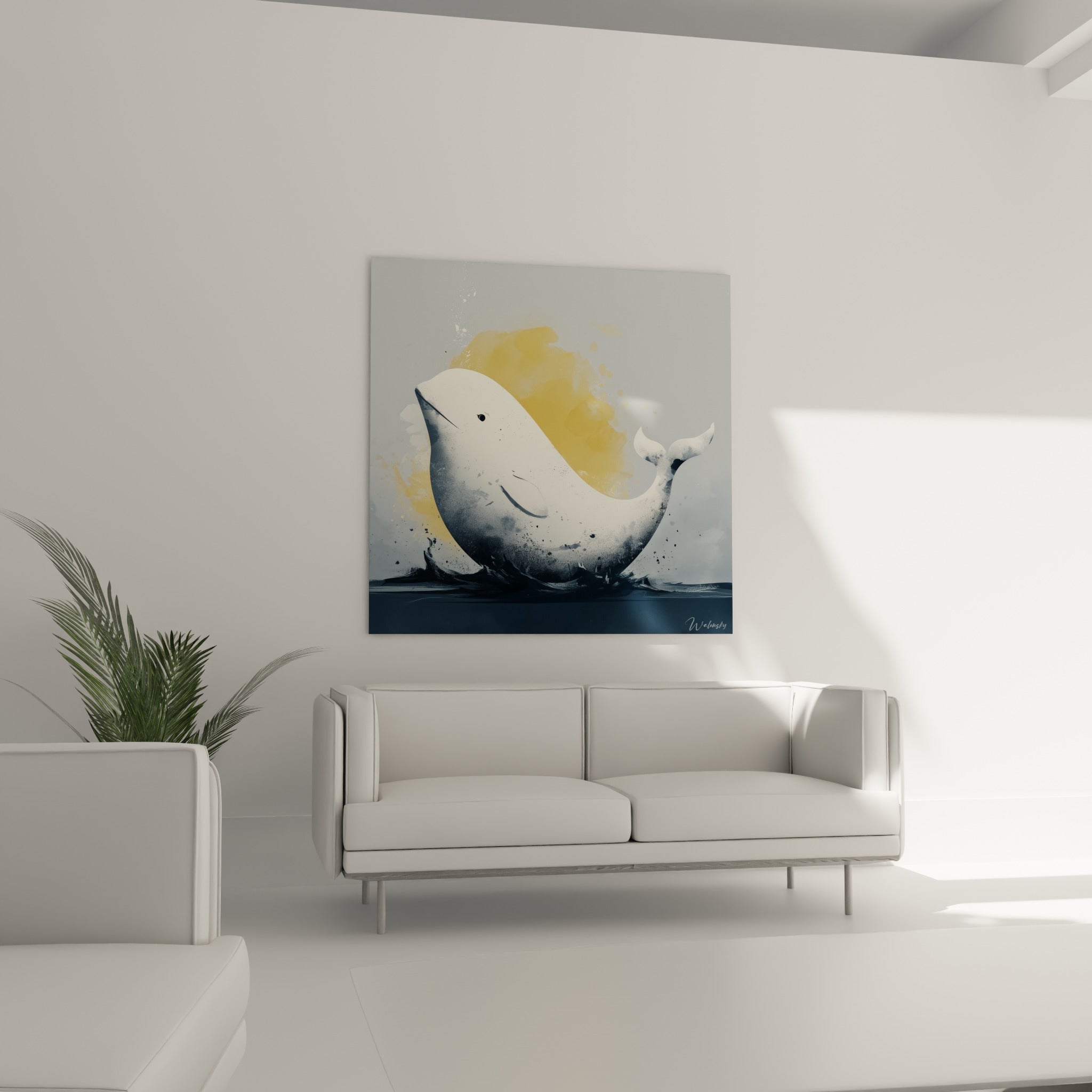 Courbe blanche et dorée du beluga suspendue au-dessus d'un canapé dans un salon lumineux