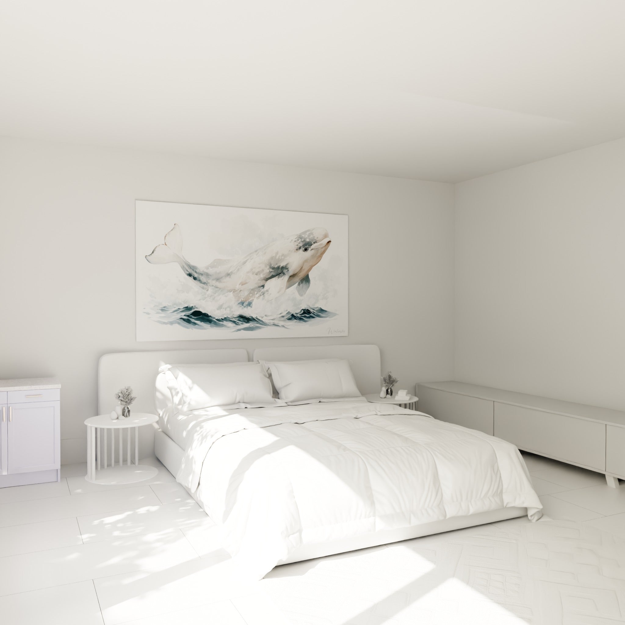 Beluga nacré aux reflets gris jaillissant des flots, au-dessus d'un lit dans une chambre claire