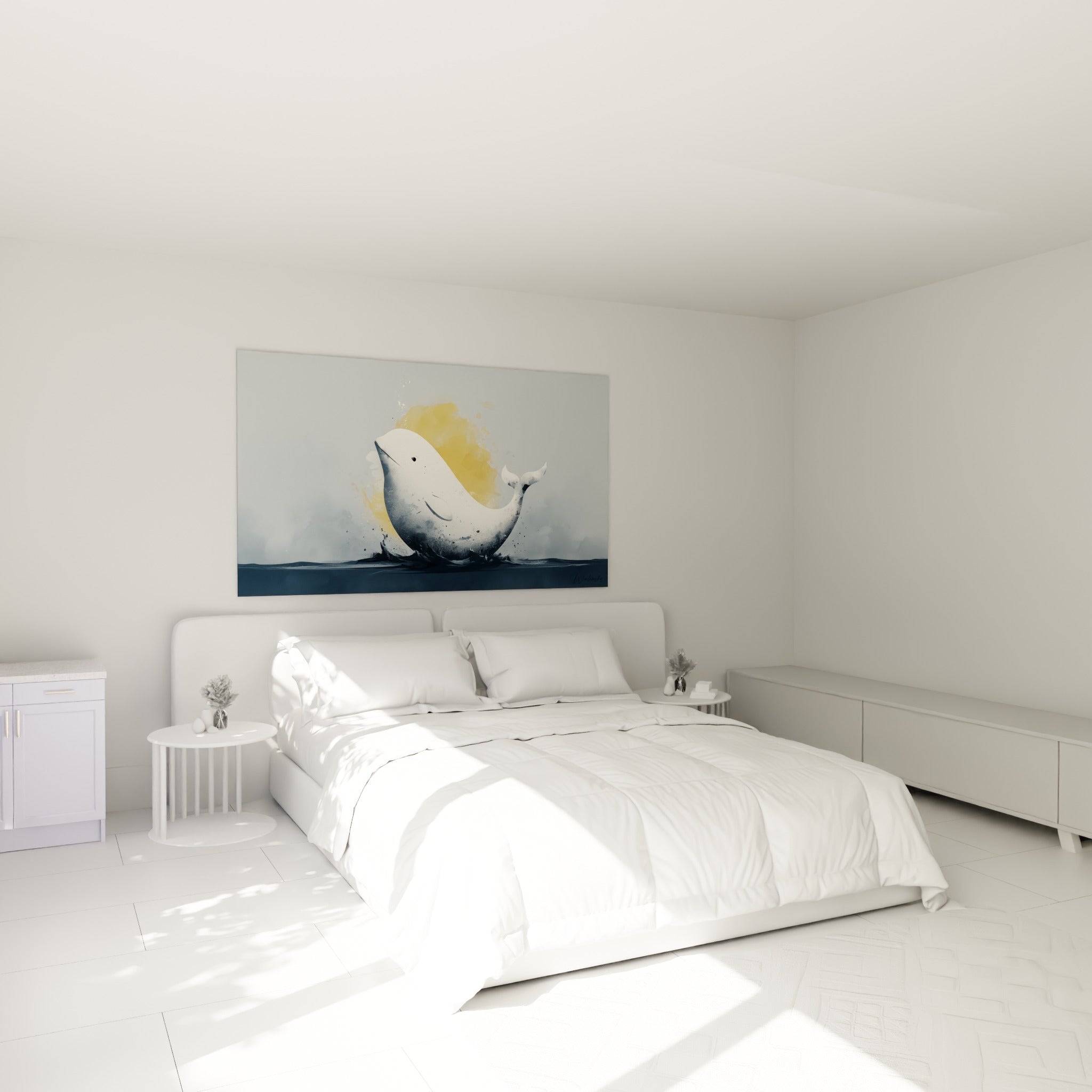 Silhouette de beluga blanc et ocre au-dessus d'un lit dans une chambre claire