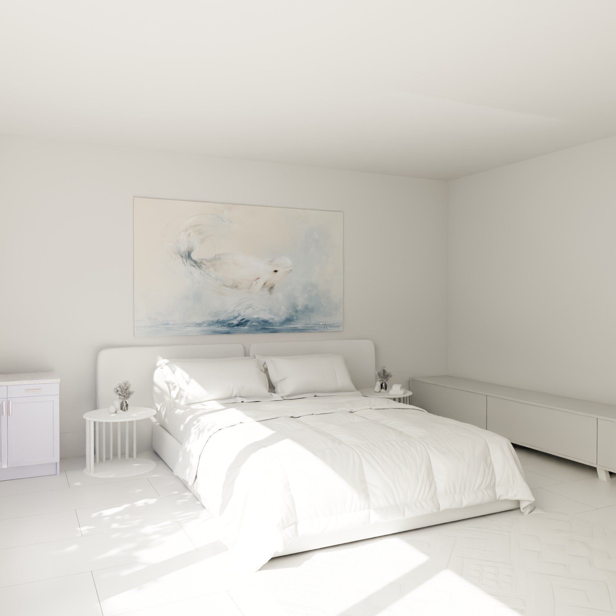 Béluga blanc émergeant dans un mouvement fluide, accroché au-dessus d'un lit dans une chambre claire