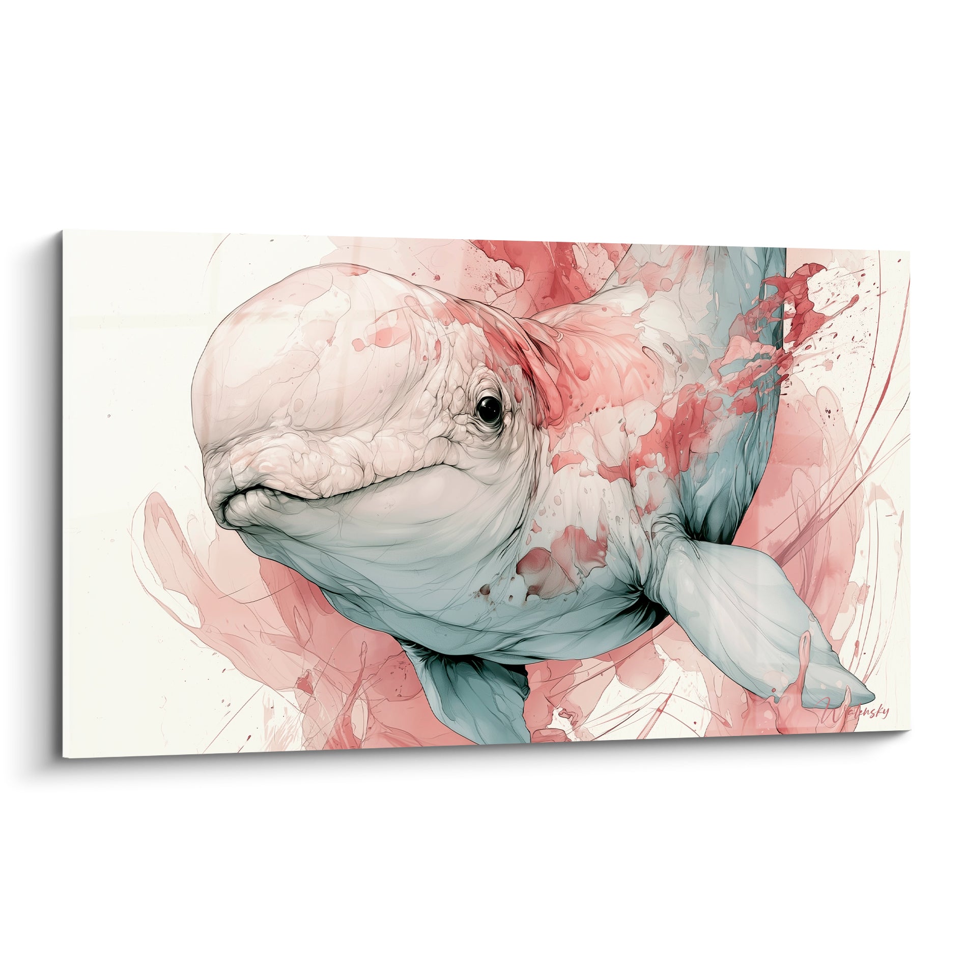 Beluga en aquarelle rose poudré et bleu ardoise, éclaboussures fluides sur fond clair