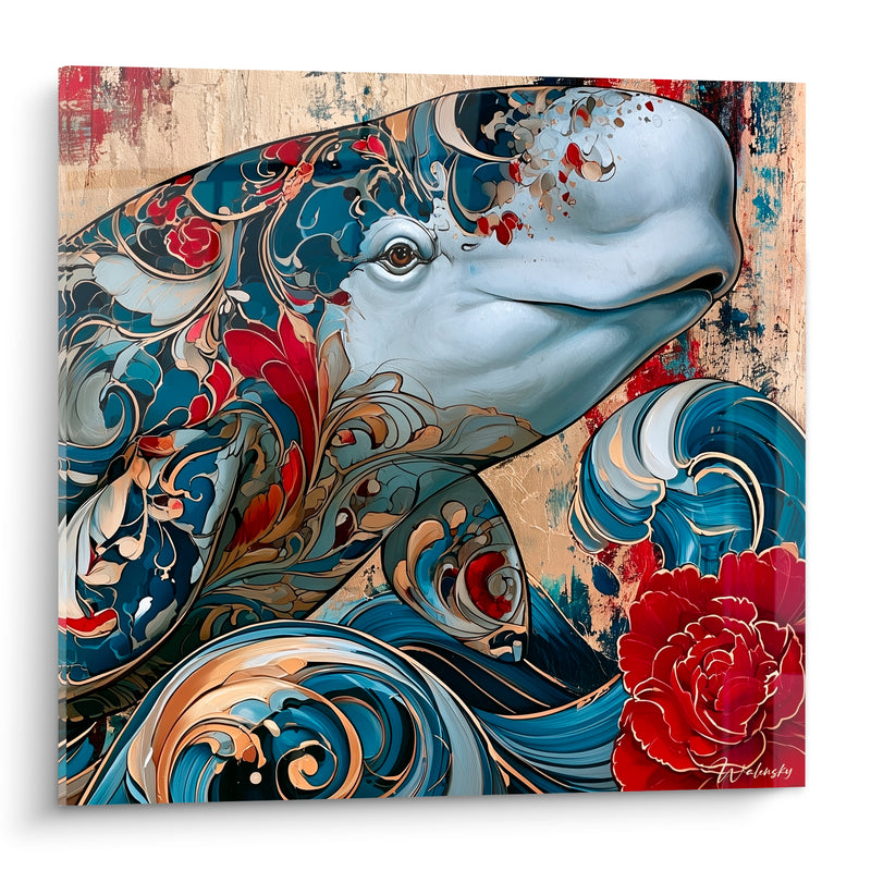 Tableau Beluga rouge et bleu marine ornement floral - Parure des profondeurs - Edition Beluga
