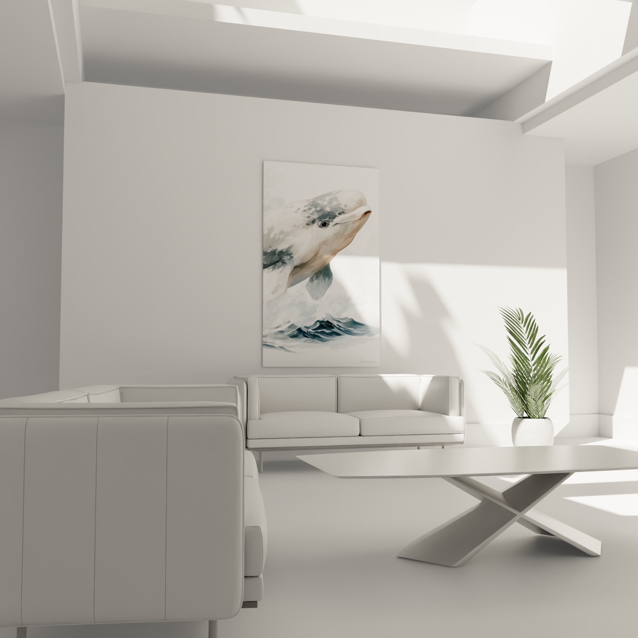 Mammifère marin anthracite et beige en plein saut, disposé au-dessus d'un canapé dans un salon lumineux
