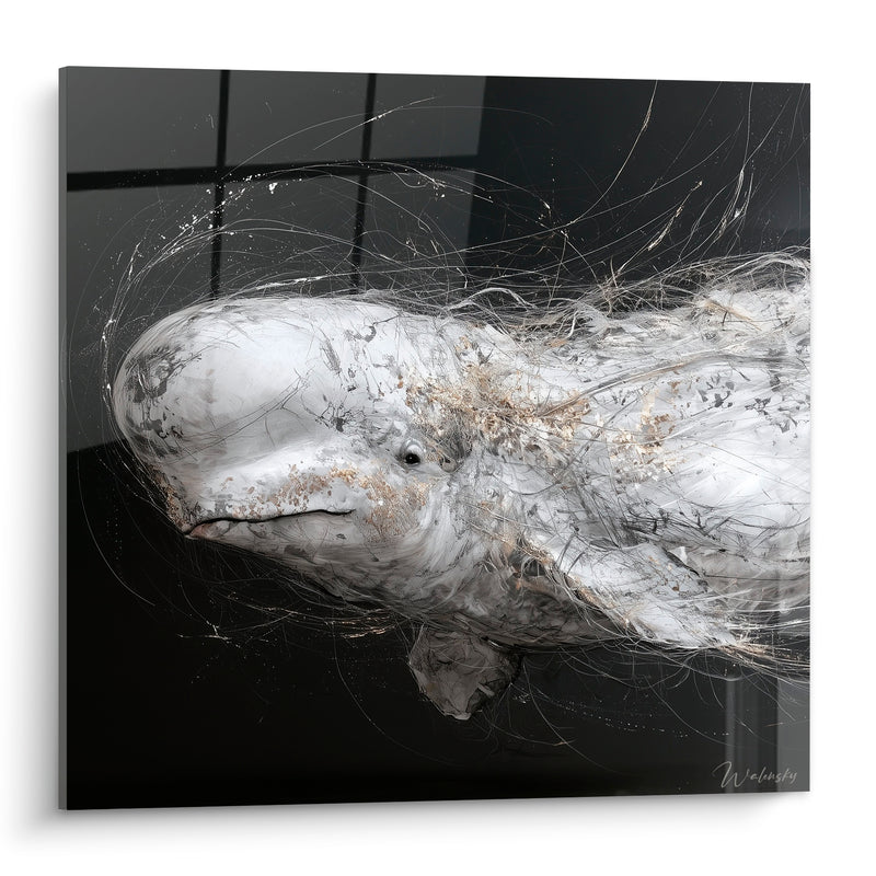 Tableau Beluga blanc et anthracite traits filés dorés - Émergence silencieuse - Edition Beluga