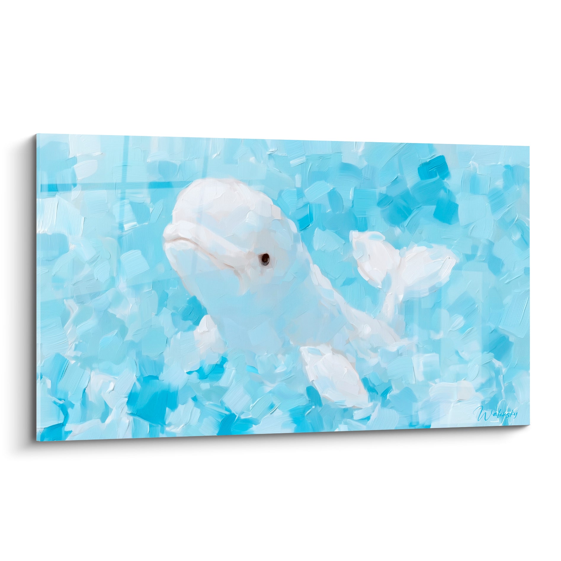 Beluga blanc nageant sur fond bleu ciel et turquoise, touche picturale à la spatule expressive