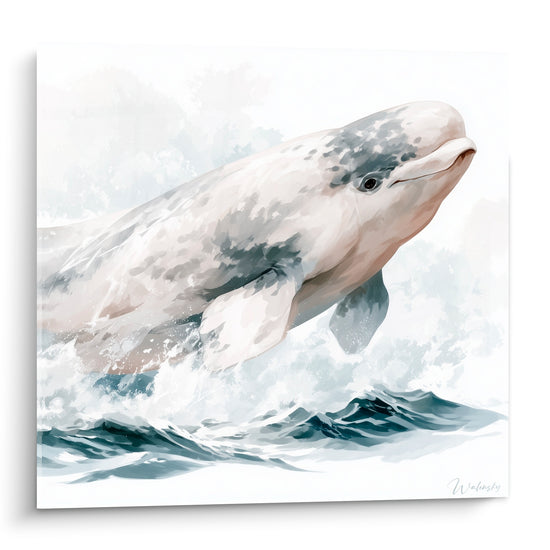 Beluga blanc nacré et gris anthracite jaillissant des vagues bleu marine en aquarelle
