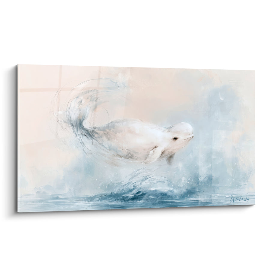 Tableau Beluga blanc et bleu poudré émergeant des flots - Souffle arctique - Edition Beluga
