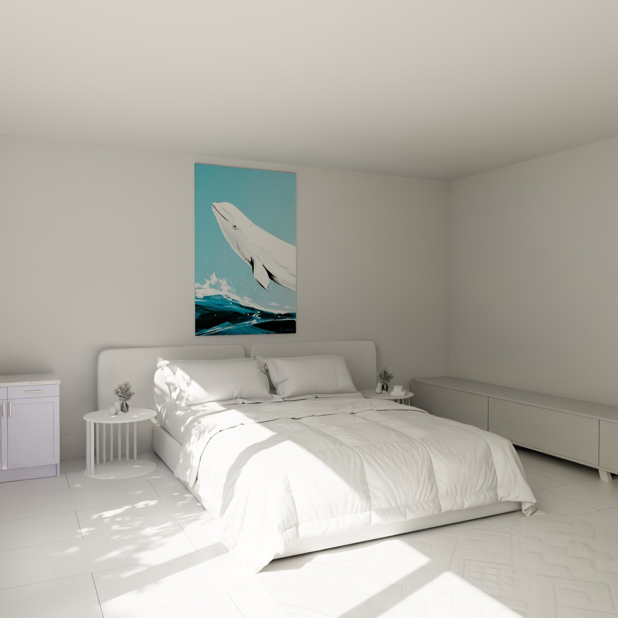 Beluga bleu ciel et blanc en plein bond au-dessus d'un lit dans une chambre claire