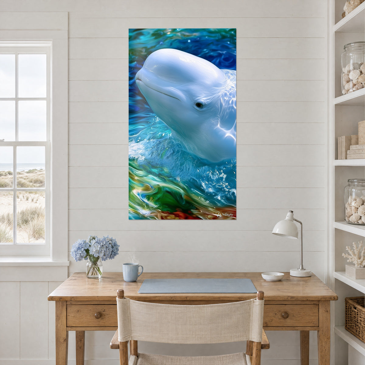 Tableau mammifère marin blanc surgissant d'une mer turquoise et vert profond, mur à lattes blanches près d'un bureau en bois