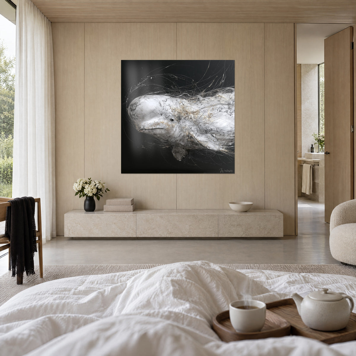 Schilderij wit zeezoogdier in romig wit binnen een gloed van gouden draden, houtskoolzwart, boven een bed in een lichte slaapkamer