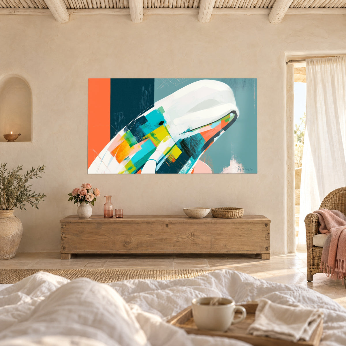 Wall art White marine mammal with lemon yellow and turquoise facets, above a bed in a light bedroom