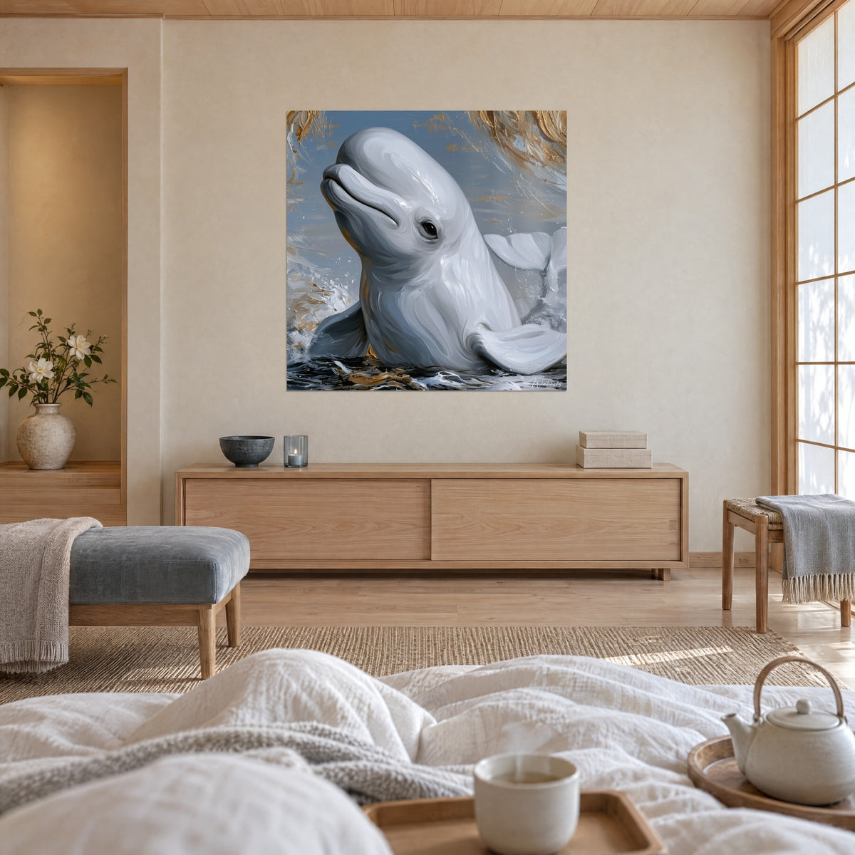 Tableau mammifère marin ivoire à l'œil noir, touches d'or sur bleu ardoise, au-dessus d'un lit dans une chambre claire