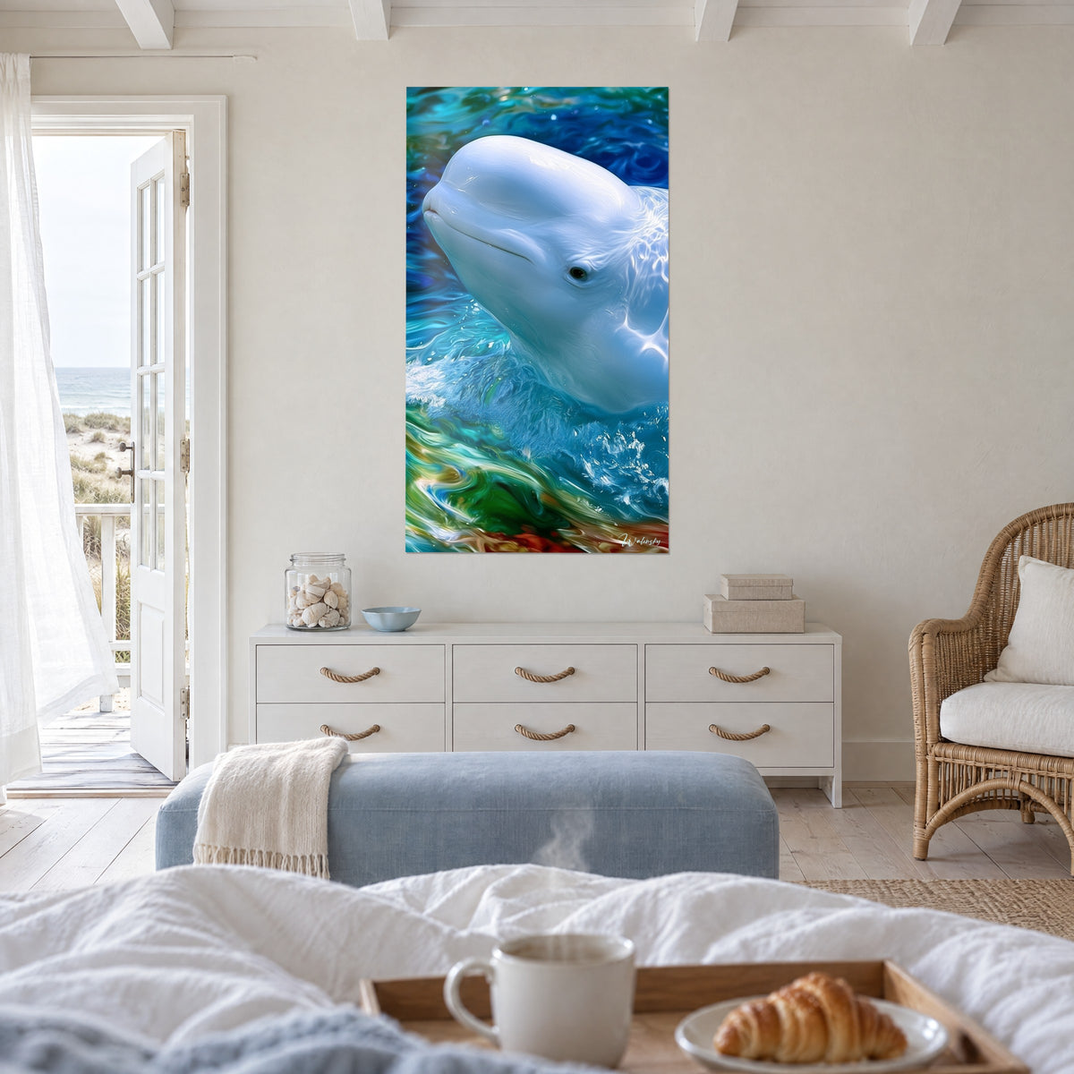 Tableau dauphin blanc au front rond, eau azur et émeraude, accroché en hauteur au-dessus d'un lit dans une chambre claire
