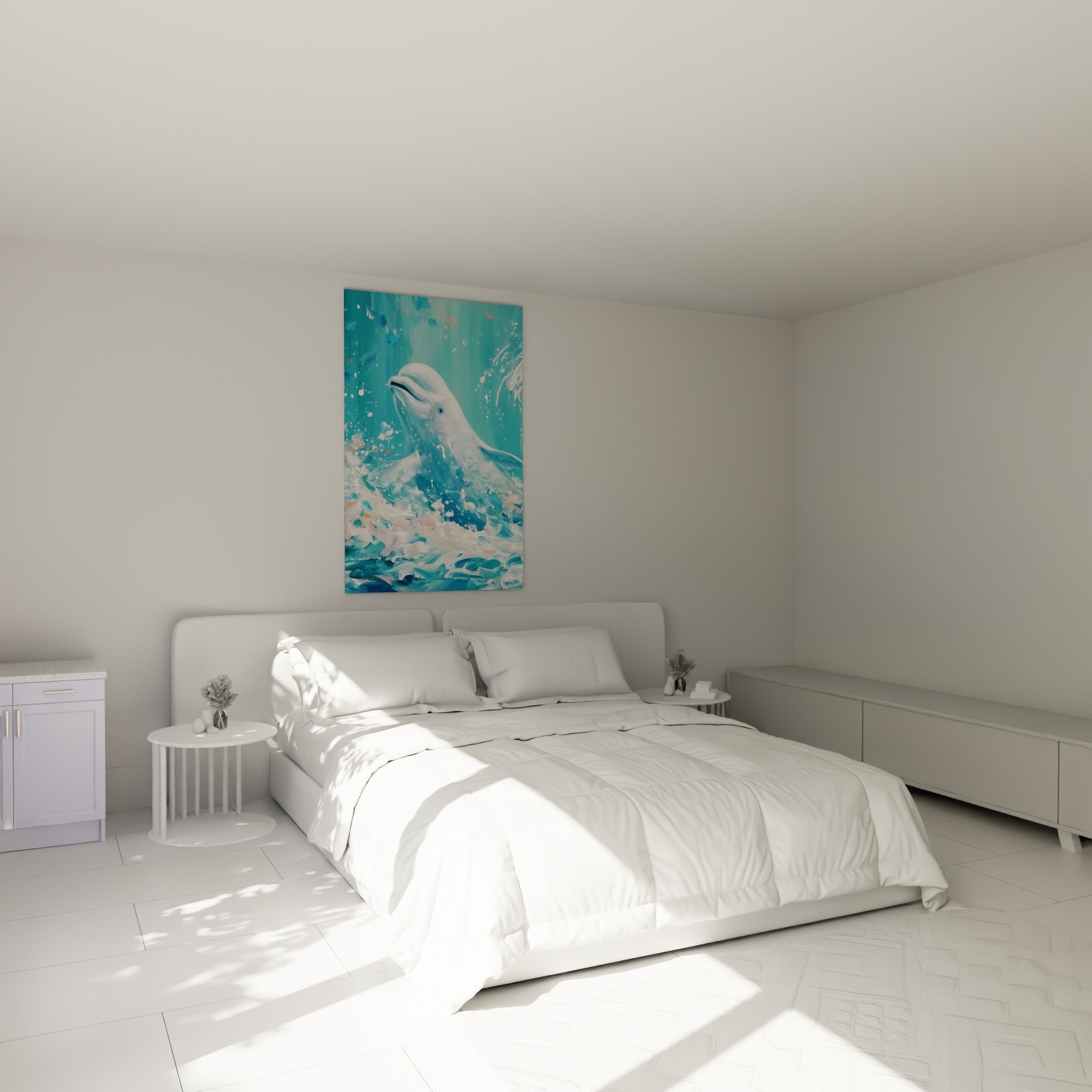 Mammifère marin blanc et turquoise en plein bond, accroché au-dessus d'un lit dans une chambre claire