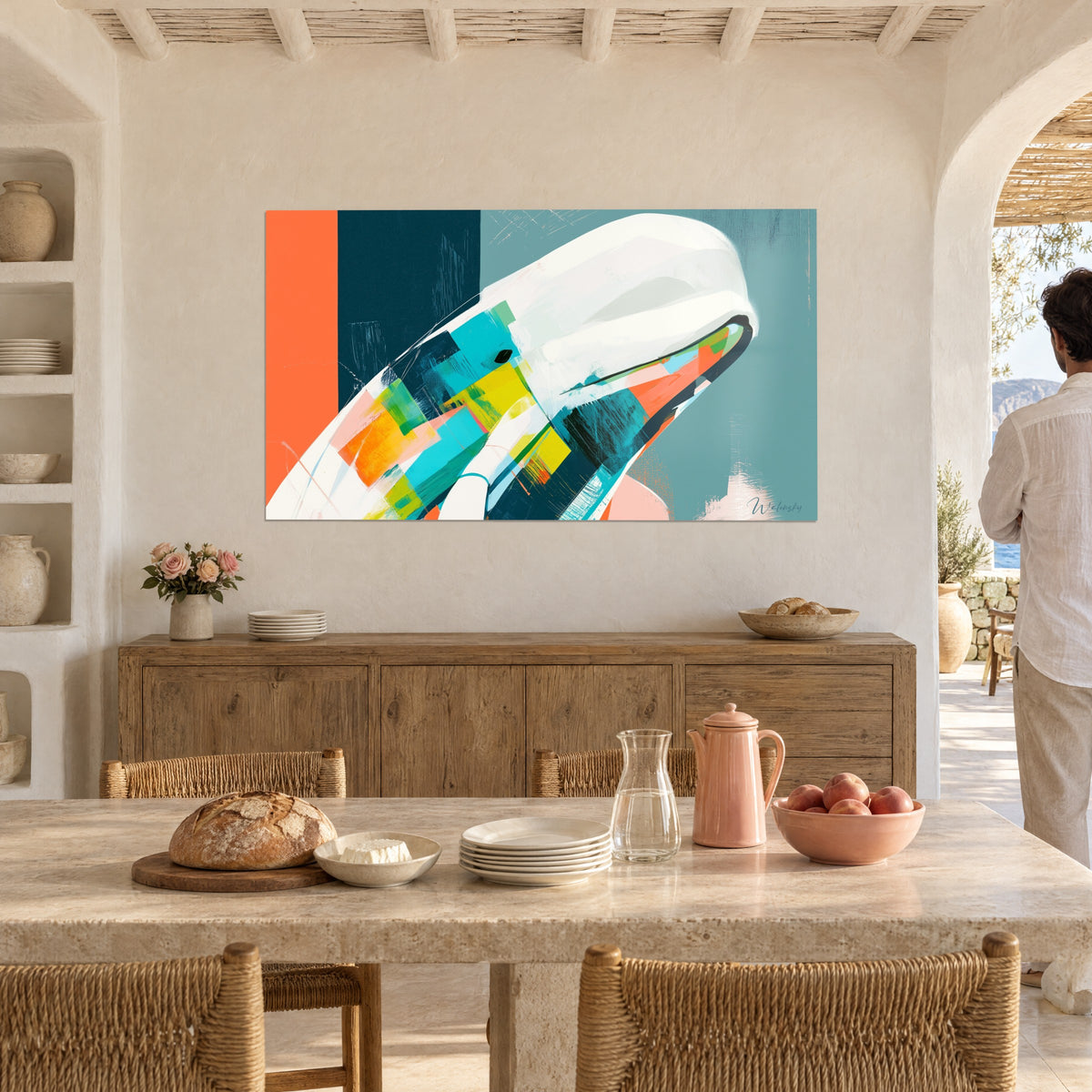 Wall art Giant sea creature in coral and petrol blue flat areas, limewashed wall, wooden sideboard, pink bread and pitcher, couple seen from behind