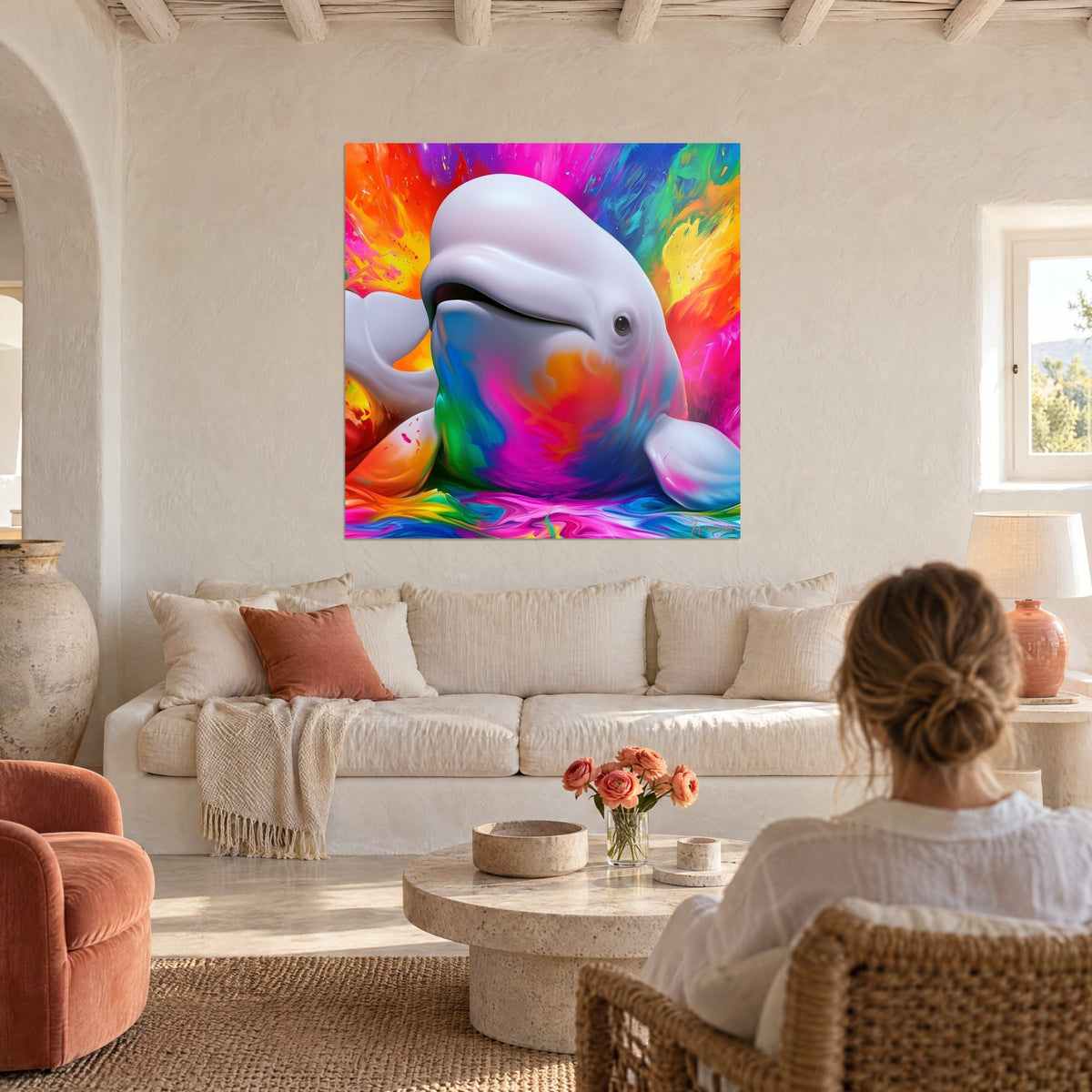 Quadro di una balena beluga bianca in un'esplosione di pittura arancione e turchese, donna di spalle, sopra un divano in un soggiorno luminoso