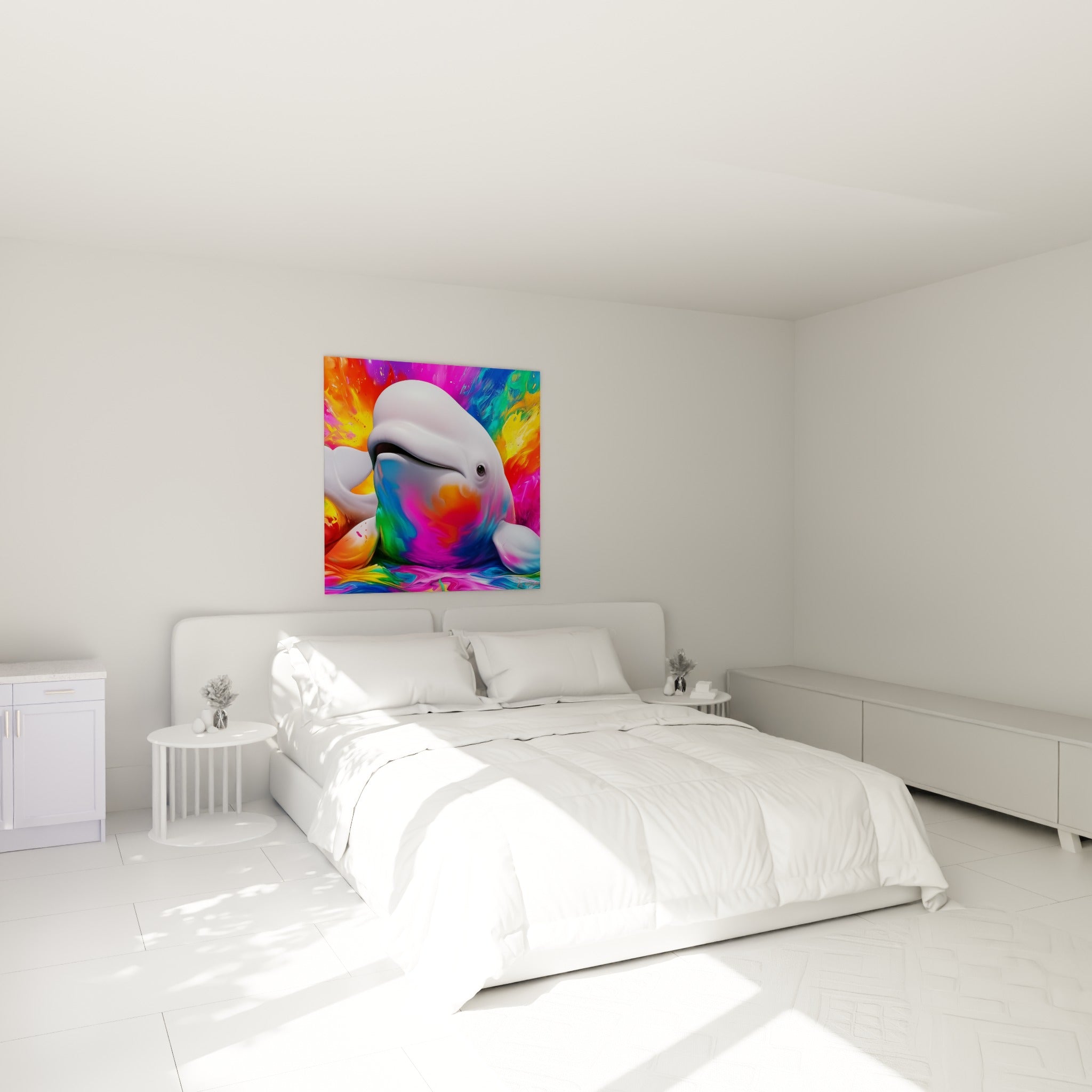 Cétacé blanc éclaboussé de fuchsia et de bleu turquoise, accroché au-dessus d'un lit dans une chambre claire
