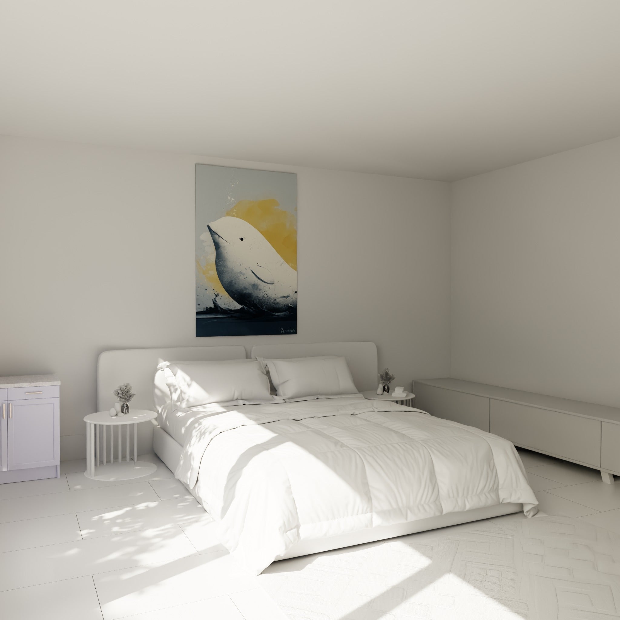 Silhouette de Beluga ocre et anthracite au-dessus d'un lit dans une chambre claire