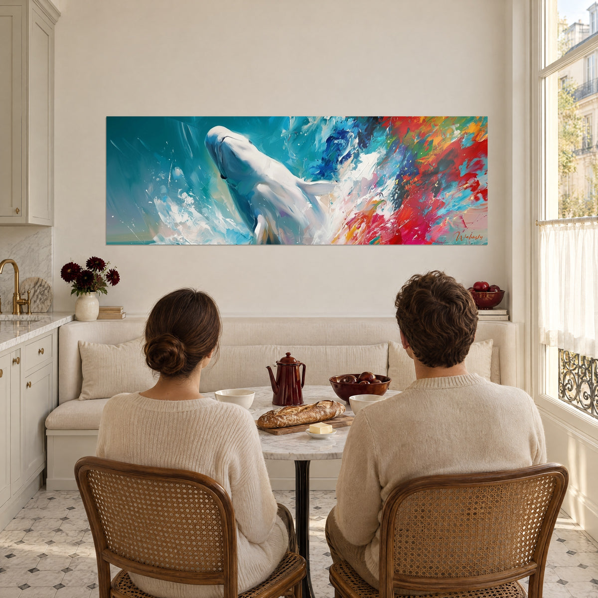 Tableau mammifère marin blanc émergeant d'une écume bleue, éclats rouge vif et orange, devant un couple attablé dans une cuisine ouverte