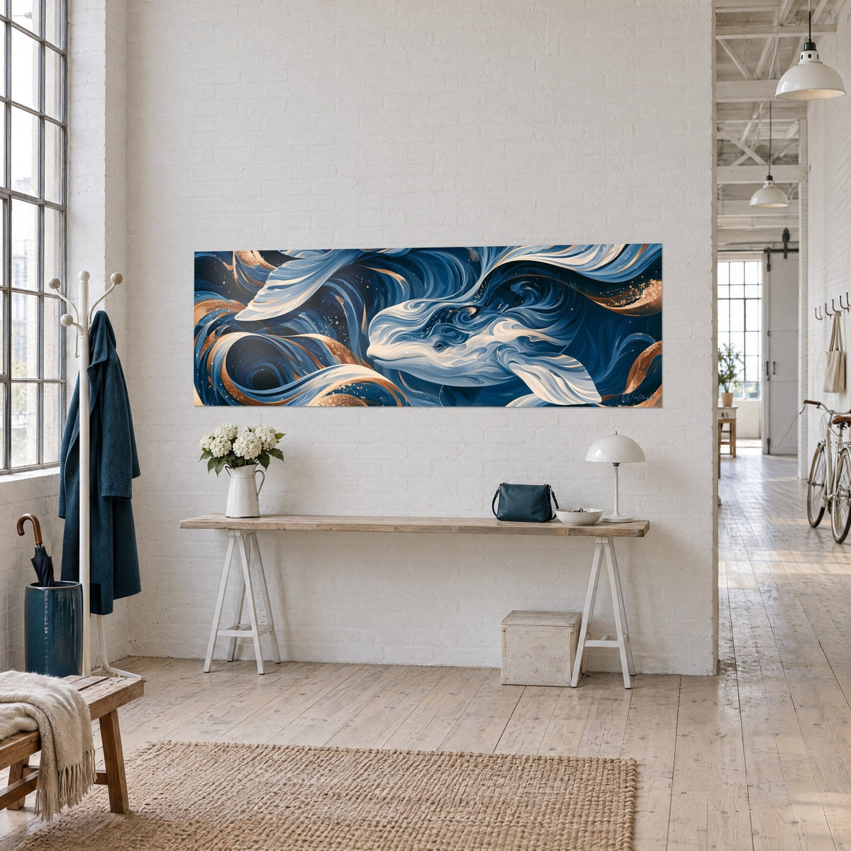 Tableau cétacé ivoire dans des vagues indigo et cuivre pailleté, vu de trois quarts sur un mur de briques blanches, loft d'artiste